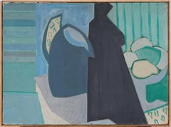 Vintage Moderniste Américain Intérieur Nature Morte Cubiste Peinture à l'huile encadrée