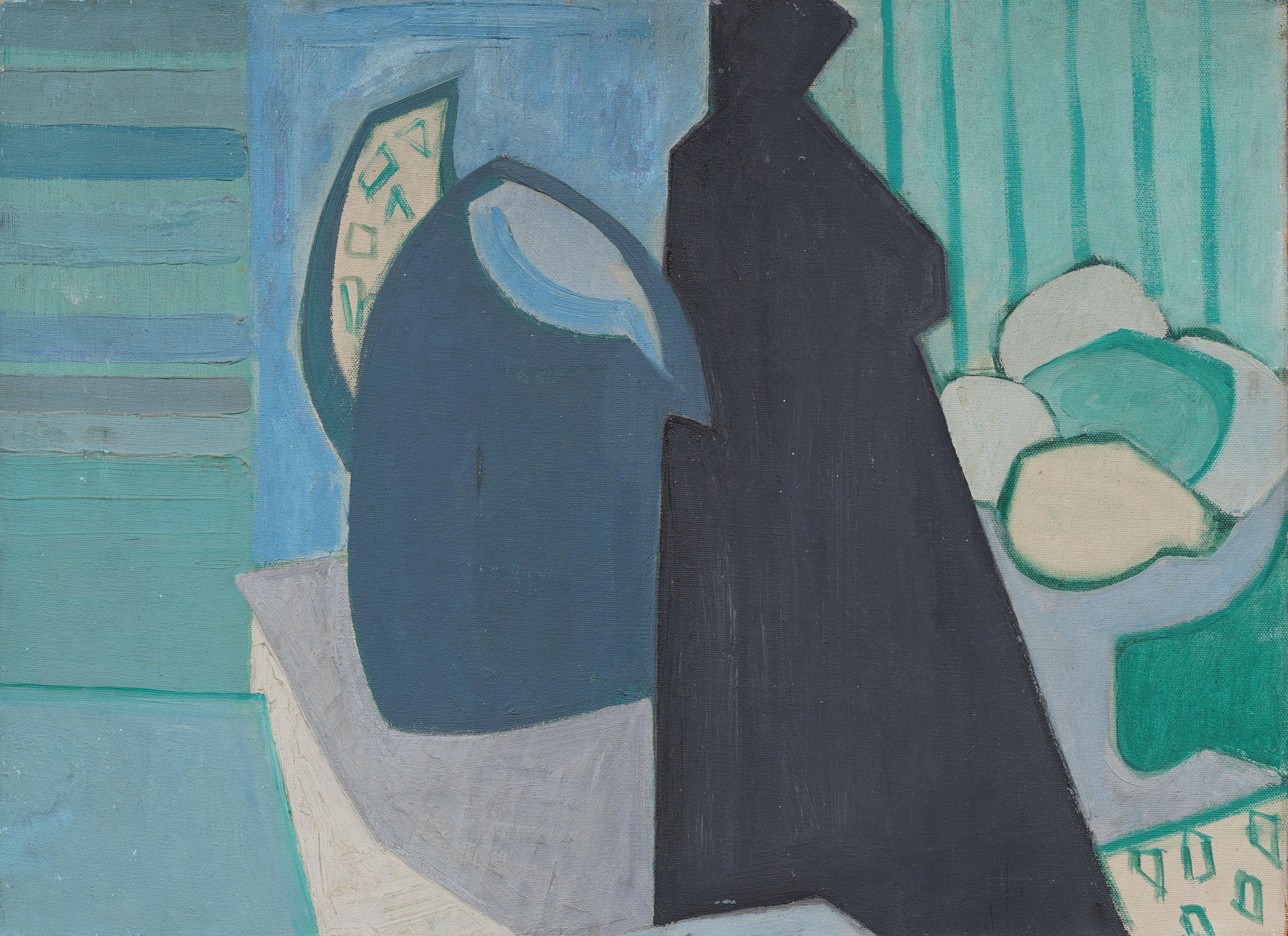 Vintage American Modernist Interieur Stillleben kubistische gerahmte Ölgemälde (Kubismus), Painting, von Unknown