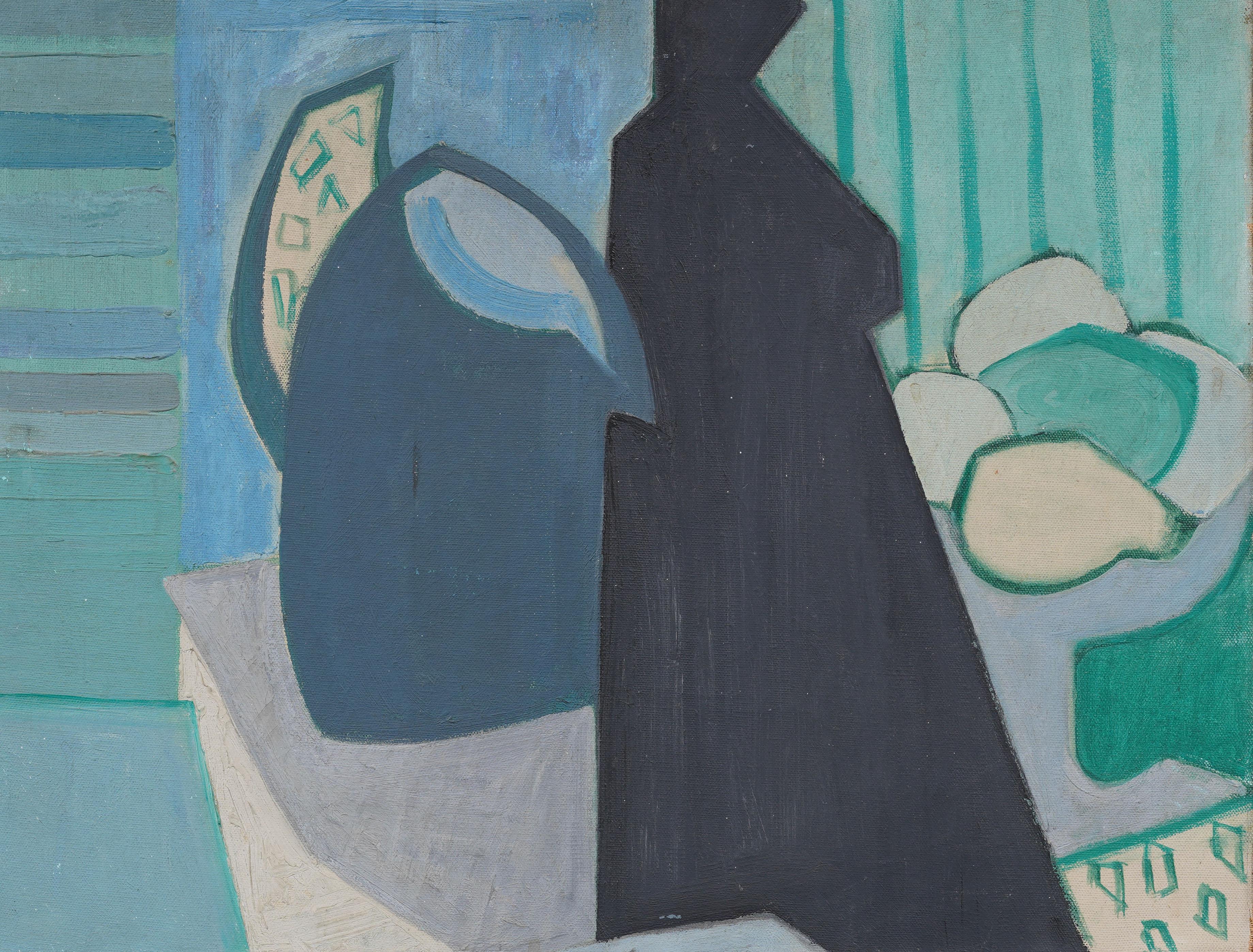 Vintage American Modernist Interieur Stillleben kubistische gerahmte Ölgemälde (Blau), Still-Life Painting, von Unknown