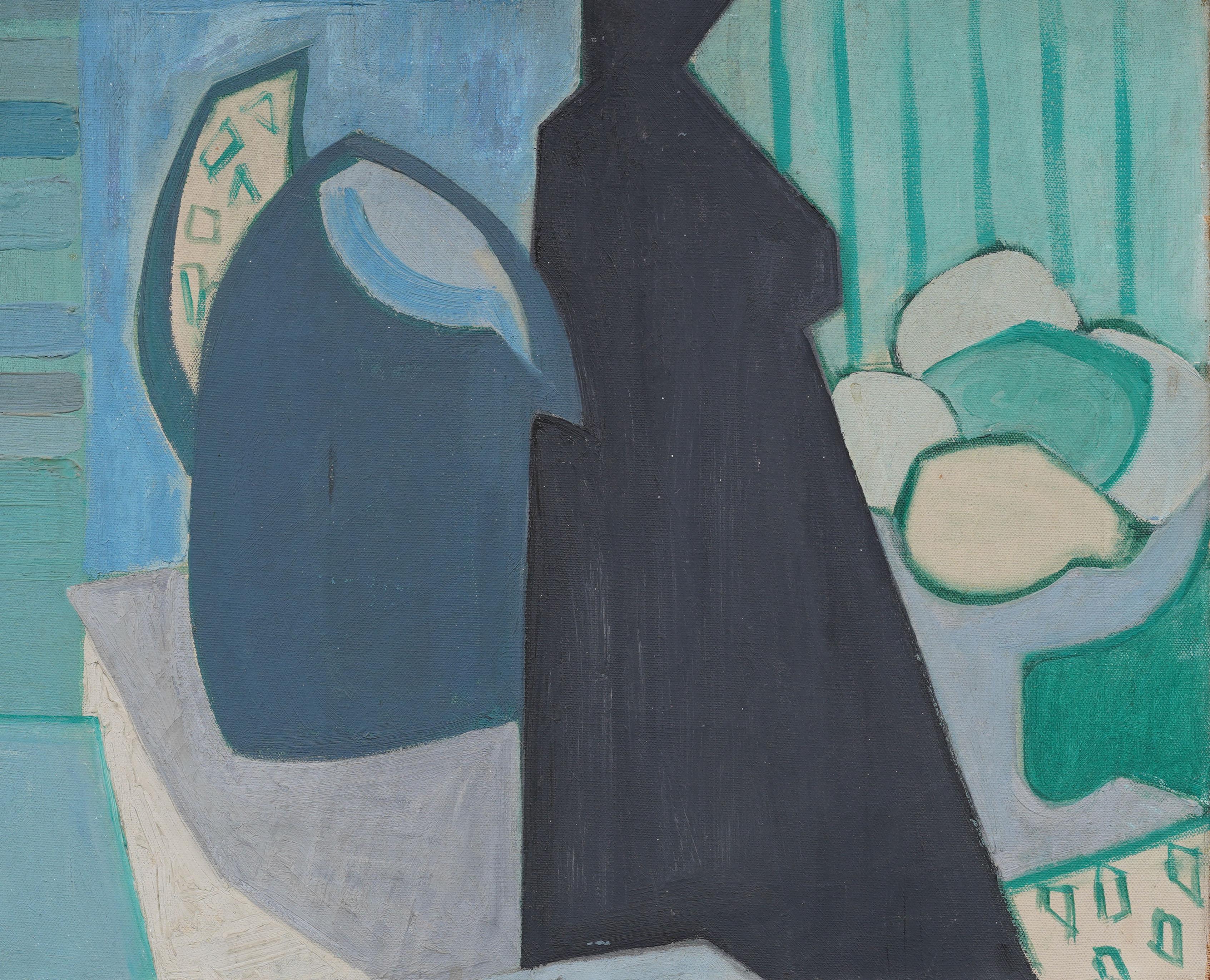 Vintage American modernist still life Ölgemälde. Öl auf Leinwand. Gerahmt. Hübsch gerahmt in modernistischen Holzleisten.  Ausgezeichneter Zustand, bereit zum Aufhängen und Genießen. 