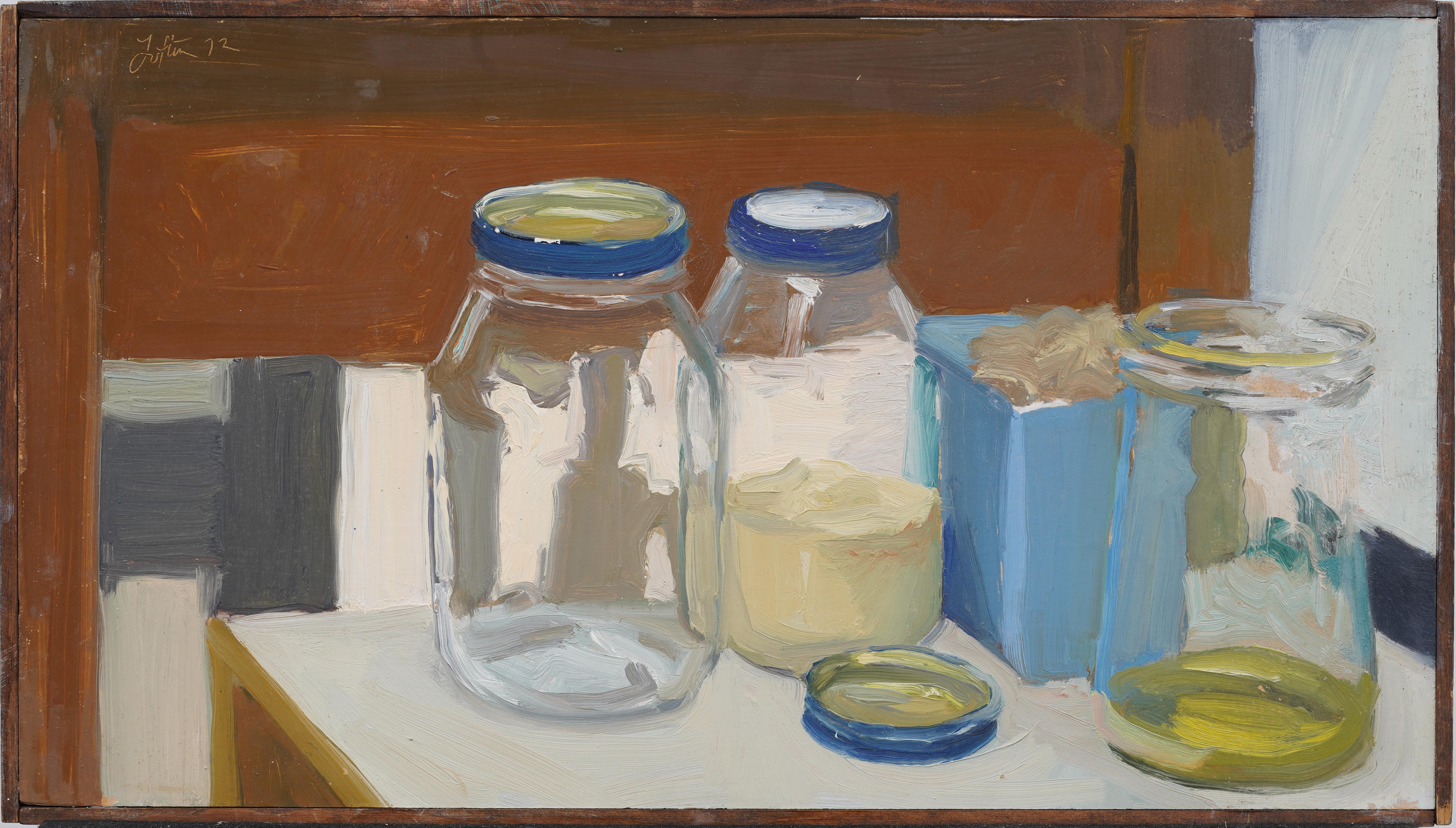 Unknown Still-Life Painting - Vintage American Modernist Kitchen Jars Still Life Oil Painting