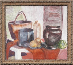 Vintage American Modernist Kitchen Still Life Pintura al óleo original enmarcada