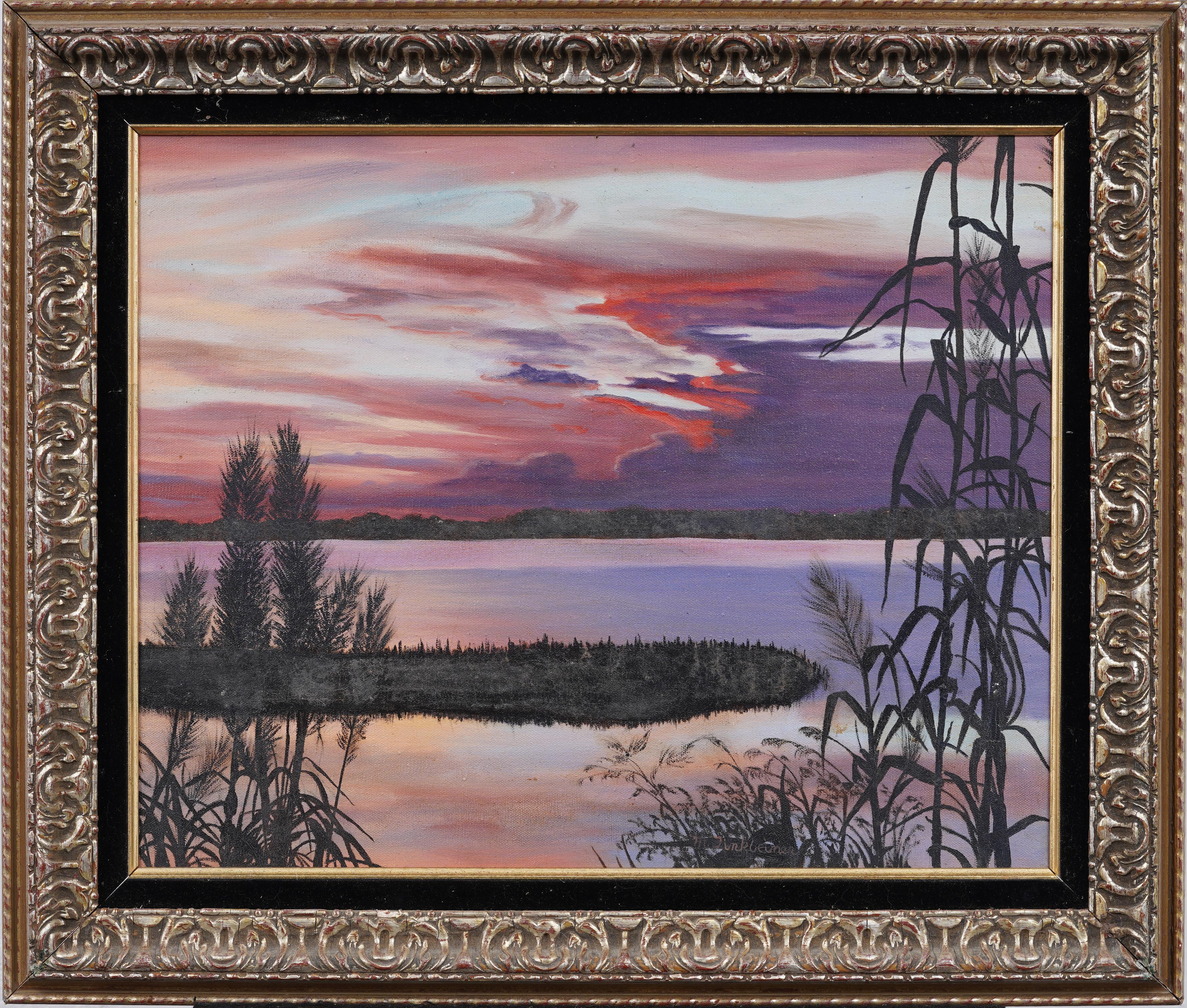 Vintage American Modernist Lake Sunset Landschaft gerahmt signiert Ölgemälde