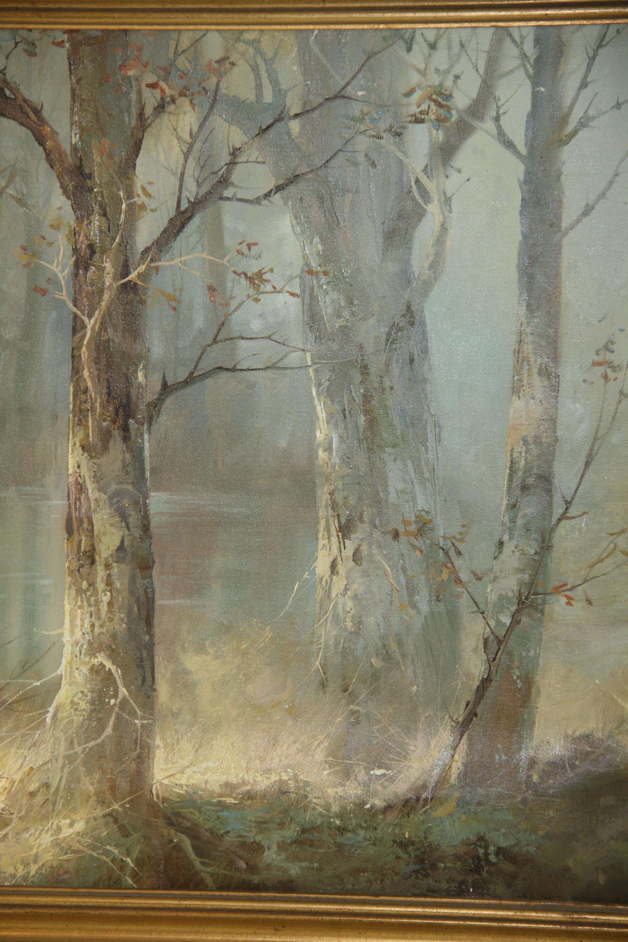 5188 Vintage framed modernist oil painting of trees in a misty forest
Image size 20x16