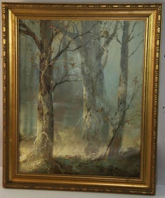 Peinture à l'huile vintage de paysage moderniste américain  "The in the Mist" (Les arbres dans la brume)