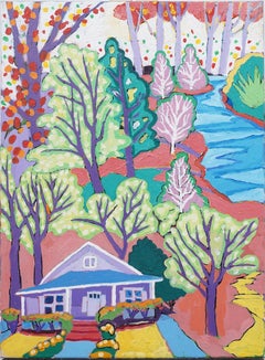 Vintage American Modernist Landscape Pintura al óleo fauvista original