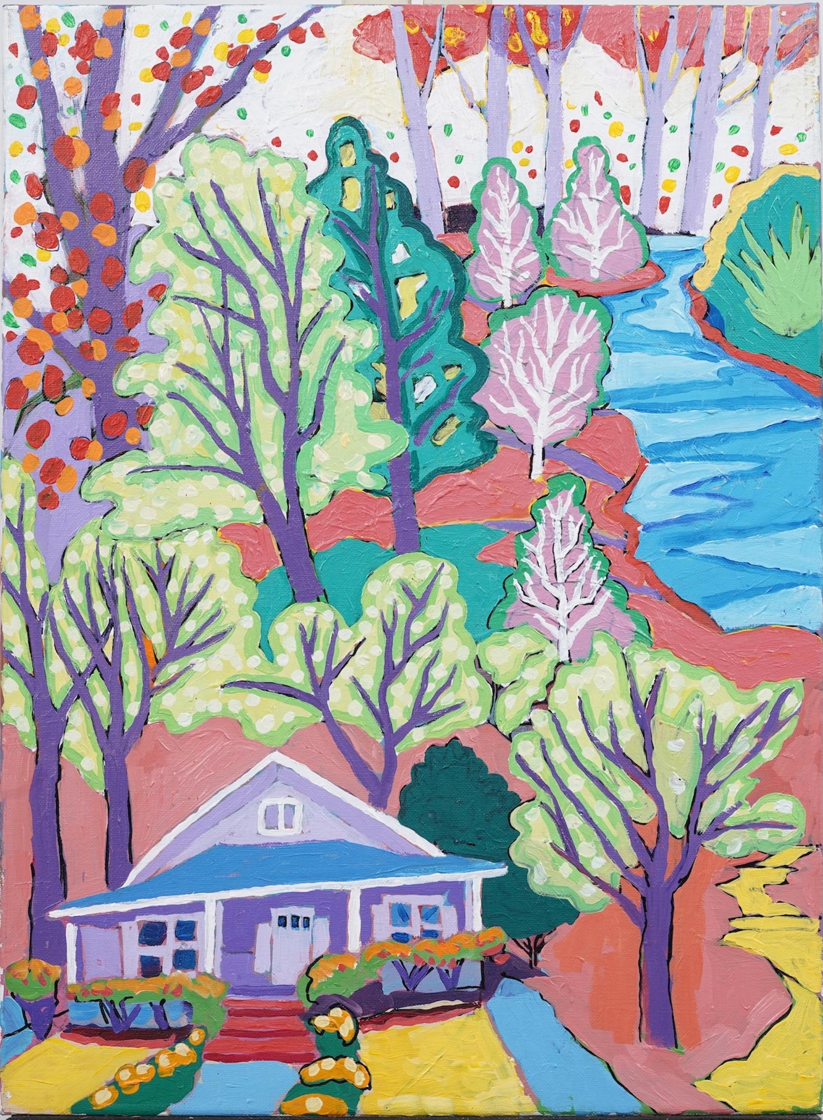 Vintage American Modernist Landscape Original Fauvist Oil Painting