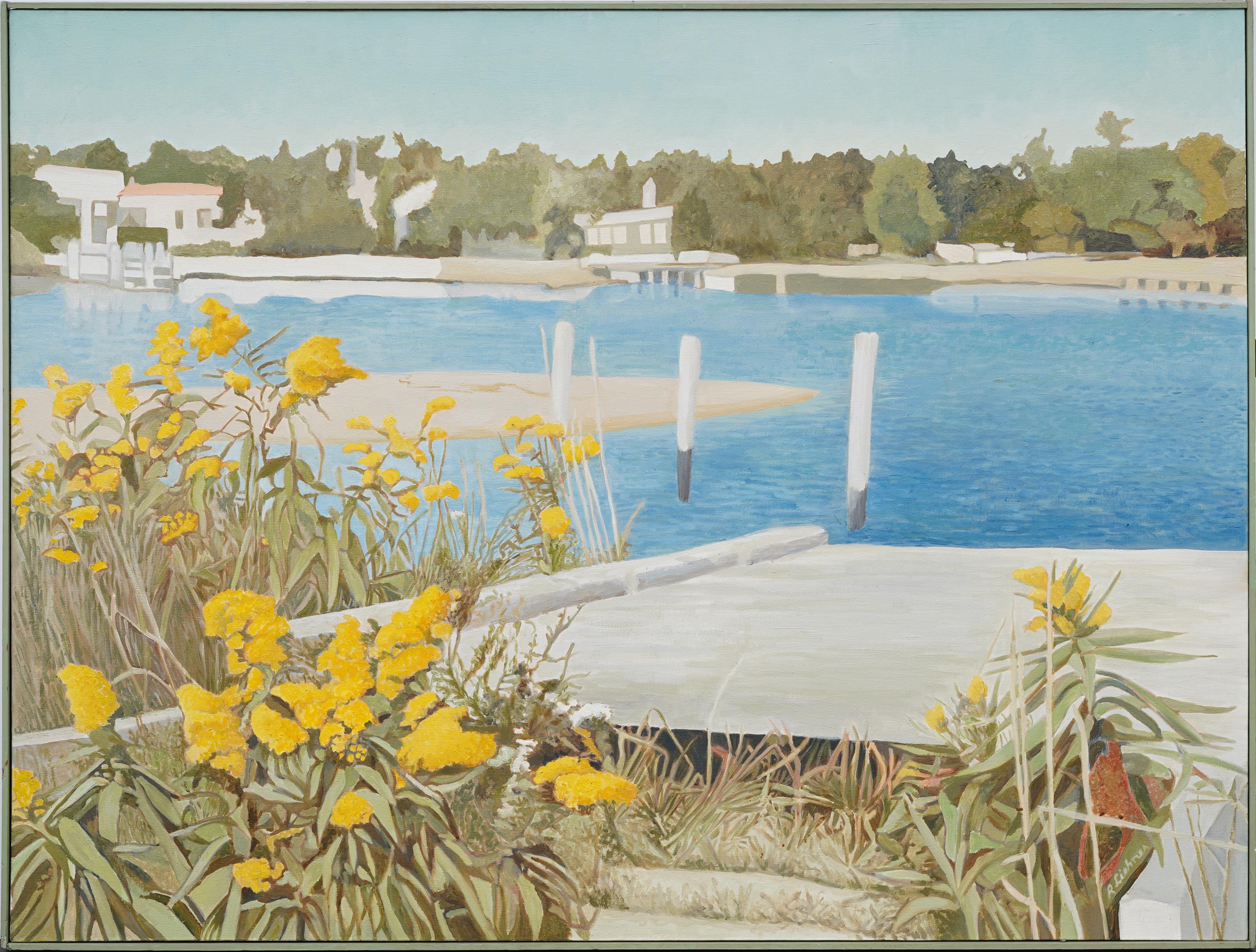 Vintage American Modernist Long Island Wild Flower Dock Scene Large Oil Painting - Gris Animal Painting par Unknown