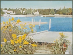 Vintage American Modernist Long Island Wild Flower Dock Scene Large Oil Painting