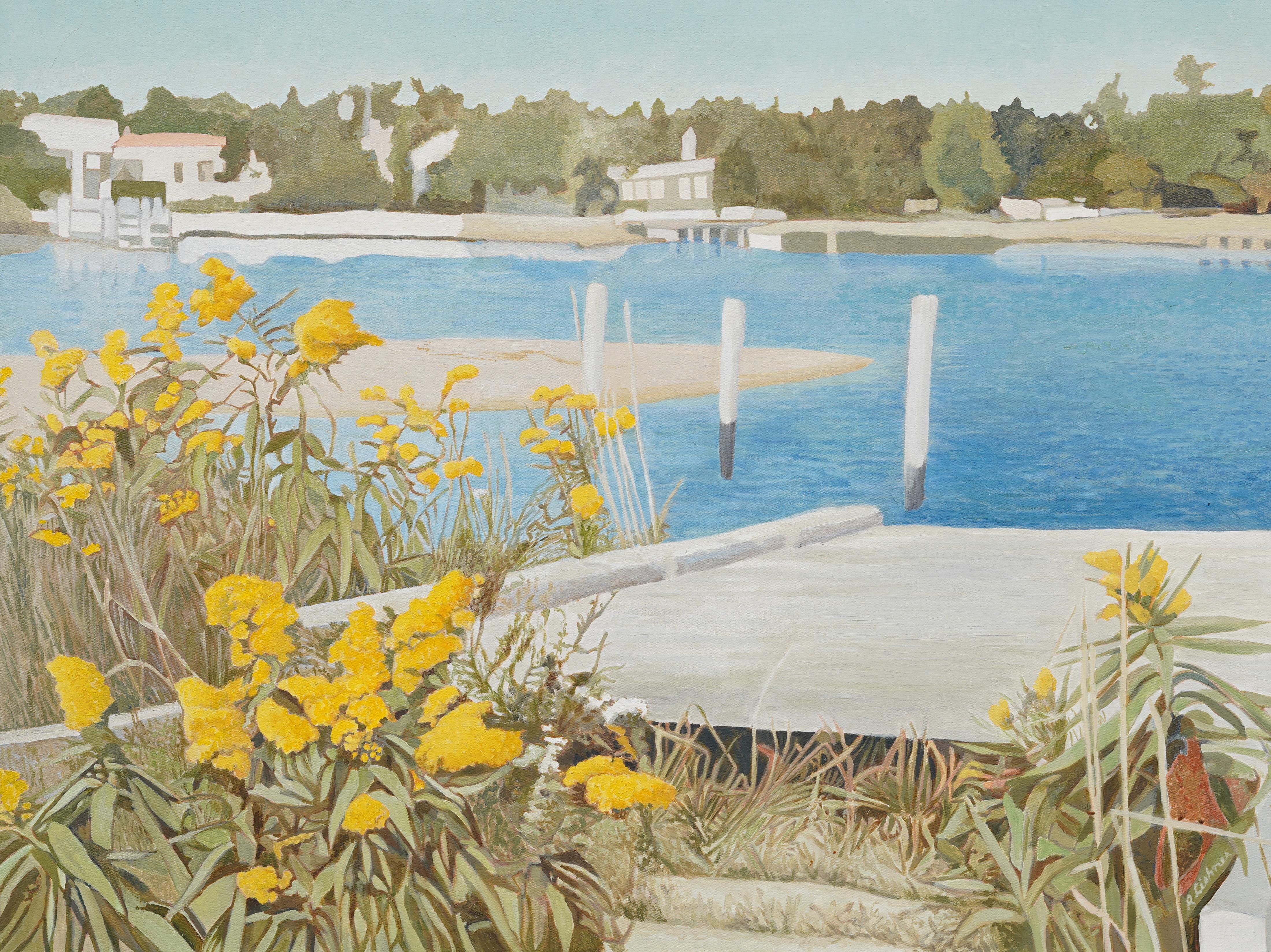 Vintage American Modernist Long Island Wild Flower Dock Scene Large Oil Painting en vente 1