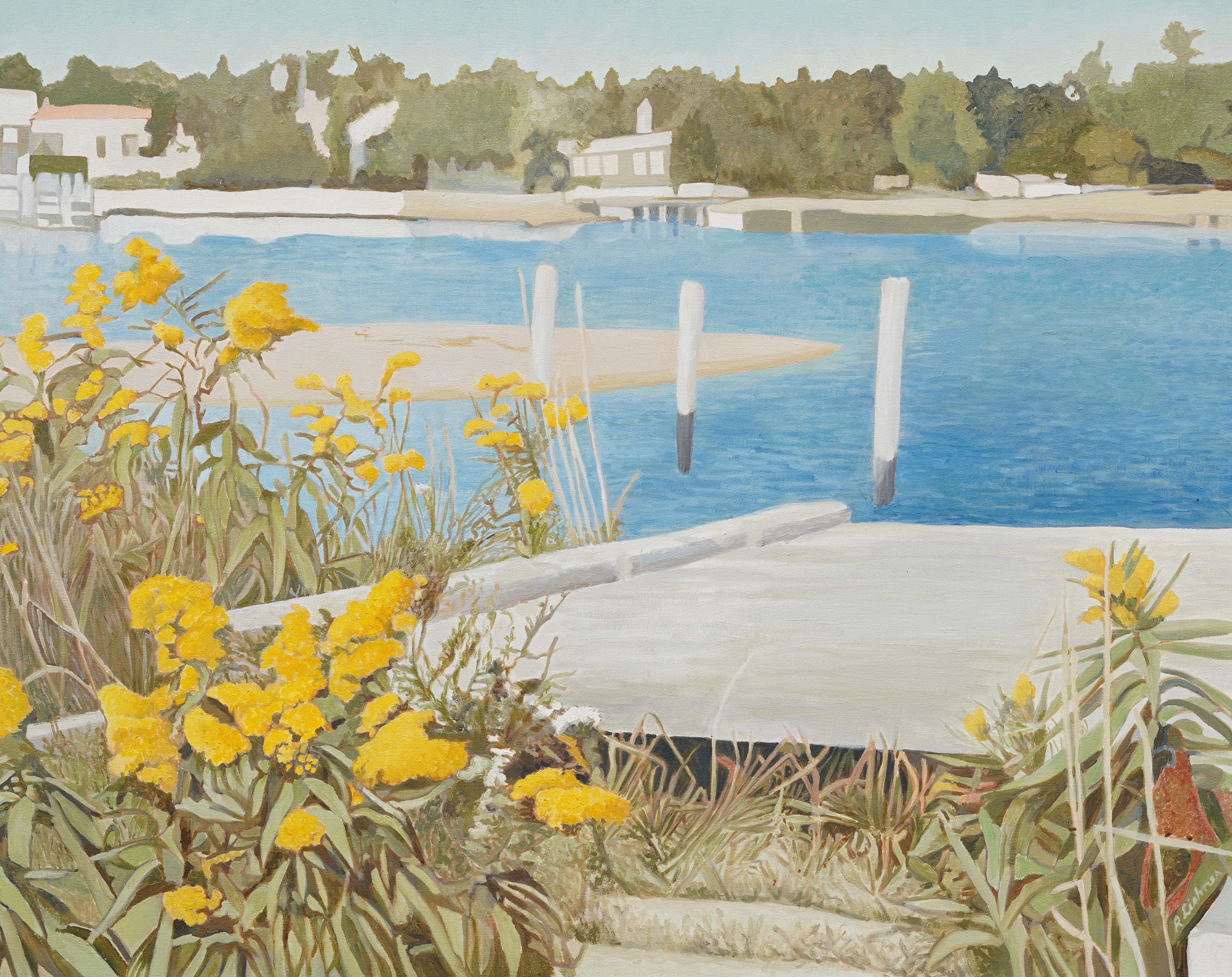 Vintage American Modernist Long Island Wild Flower Dock Scene Large Oil Painting en vente 2