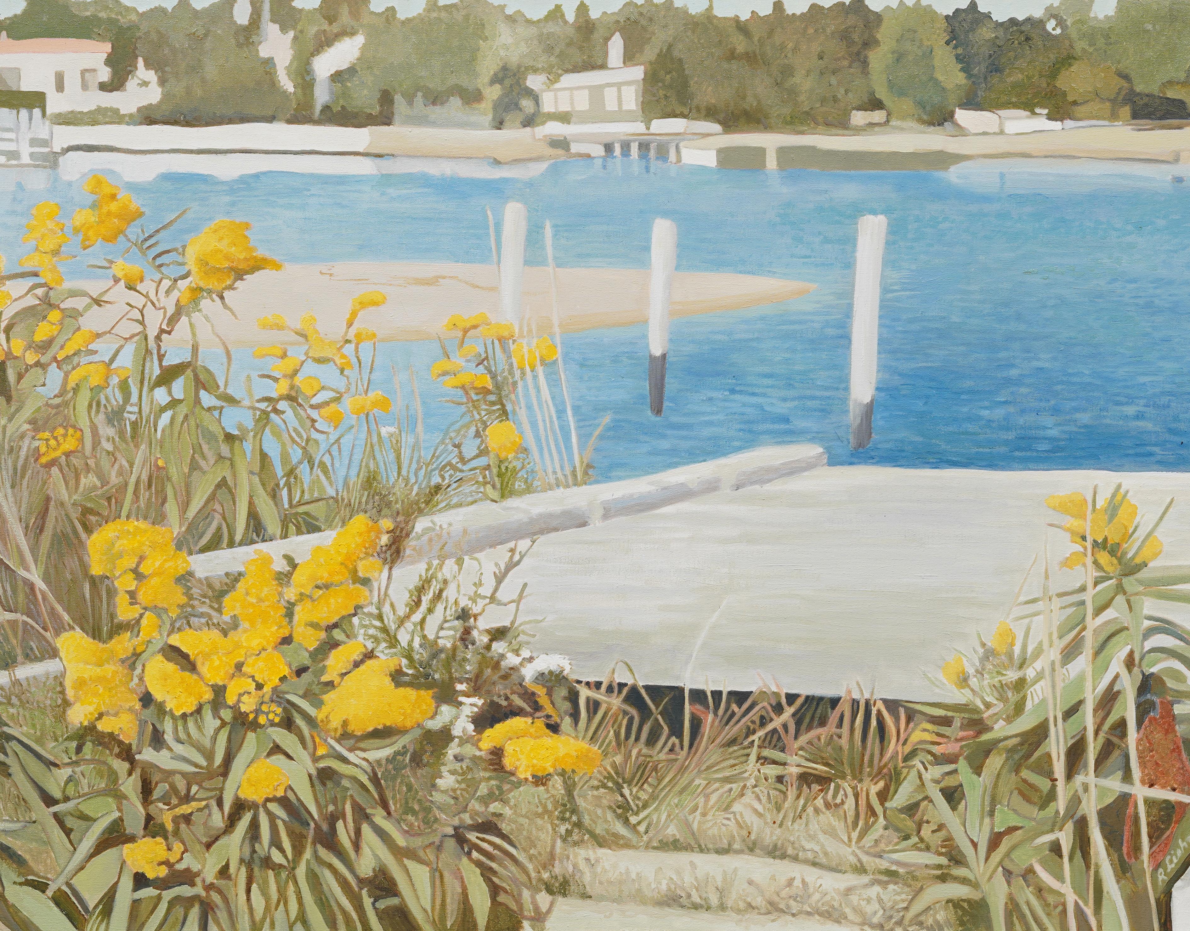 Vintage American Modernist Long Island Wild Flower Dock Scene Large Oil Painting en vente 3
