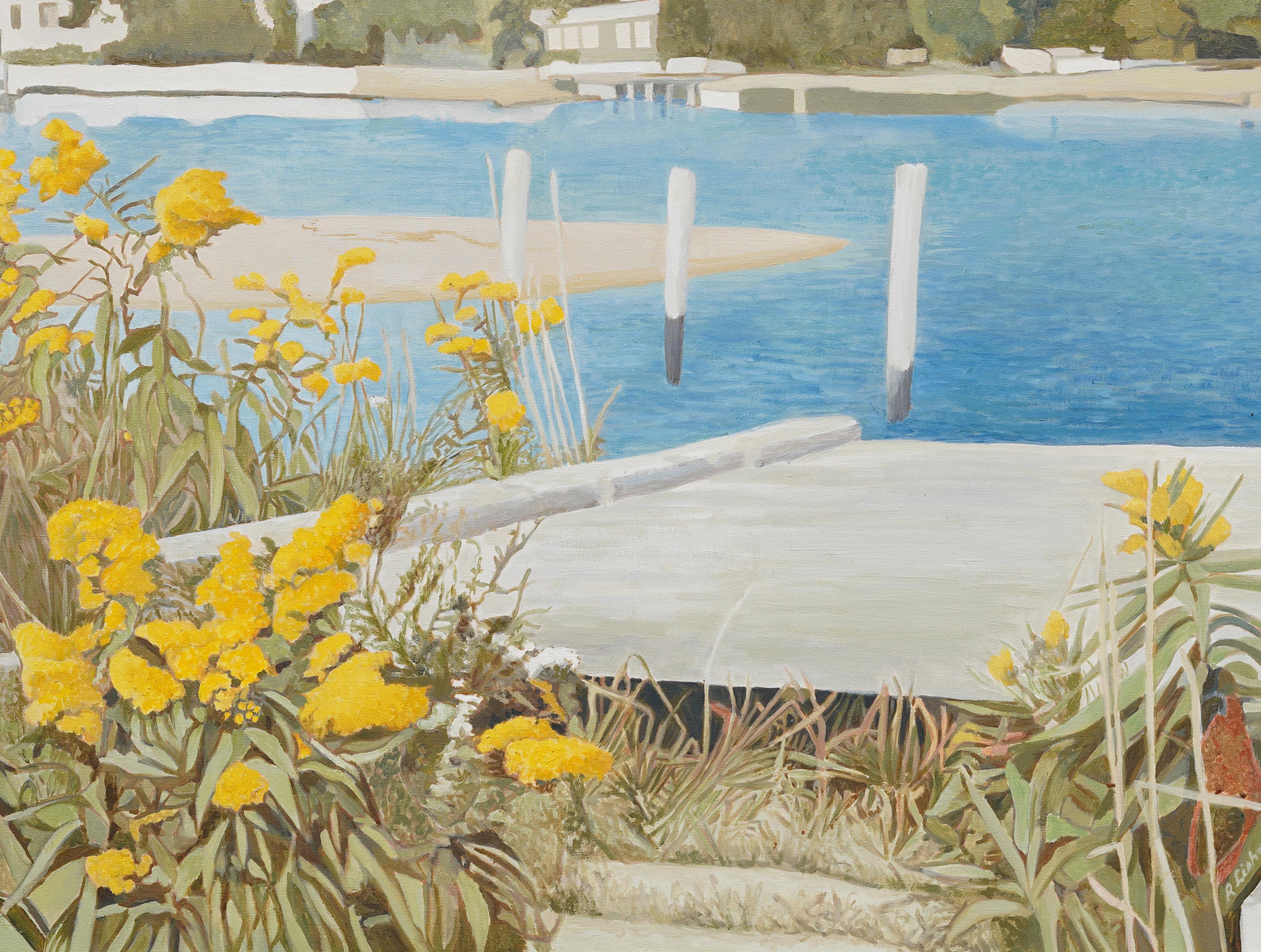 Vintage American Modernist Long Island Wild Flower Dock Scene Large Oil Painting en vente 4