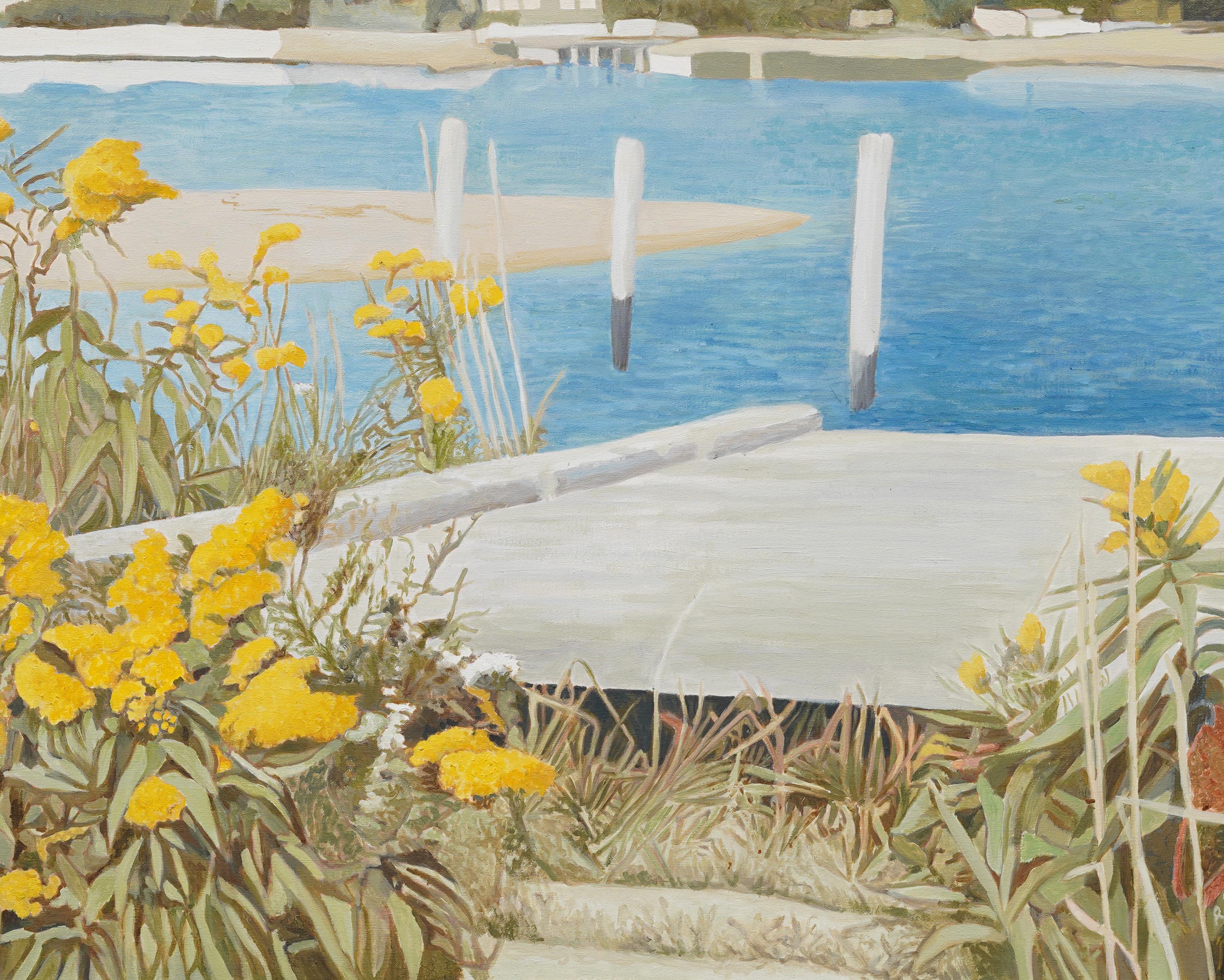 Vintage American Modernist Long Island Wild Flower Dock Scene Large Oil Painting en vente 5