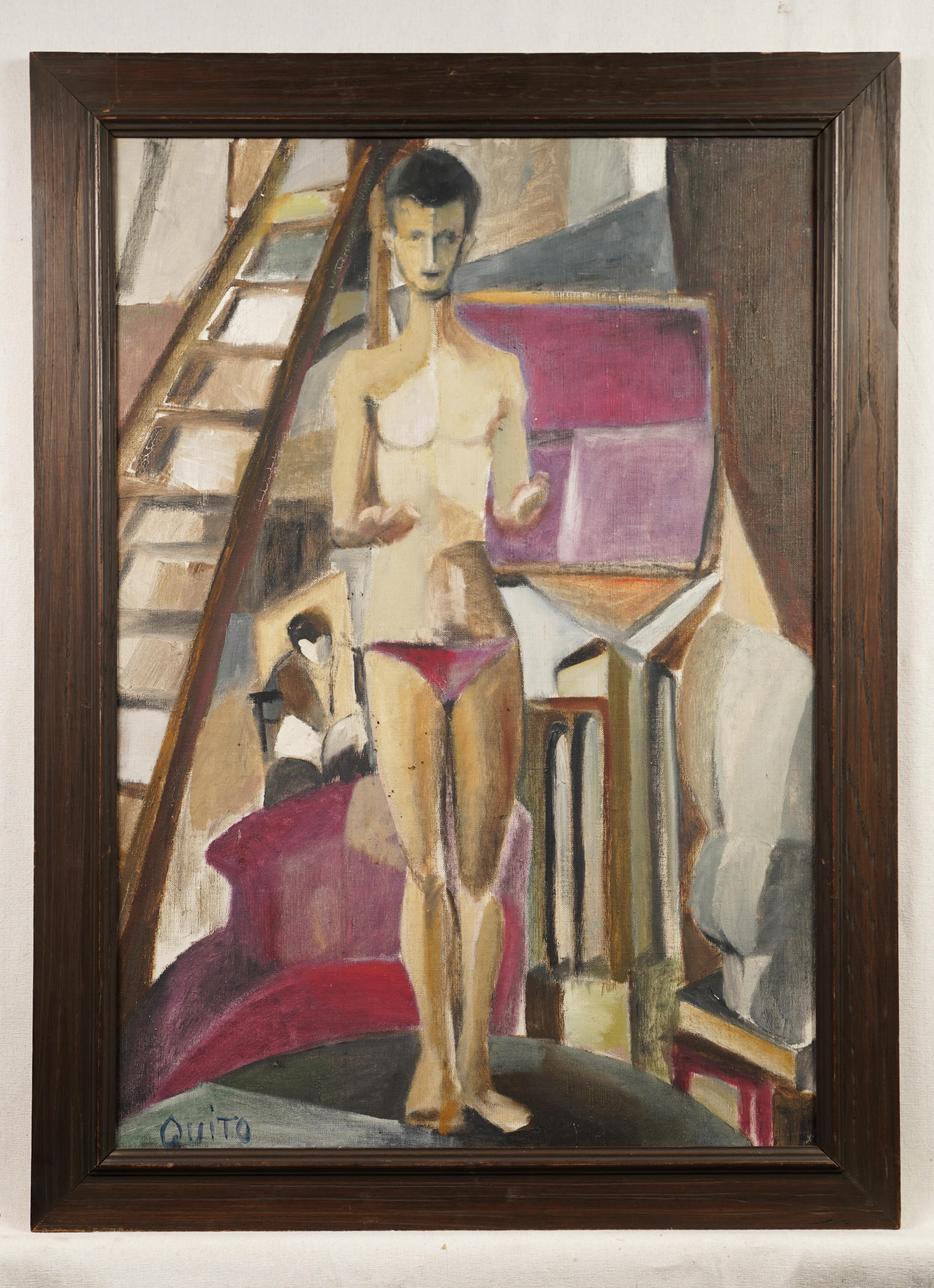 Vintage American Modernist Male Nude Artist Studio Portrait Signed Oil Painting 1