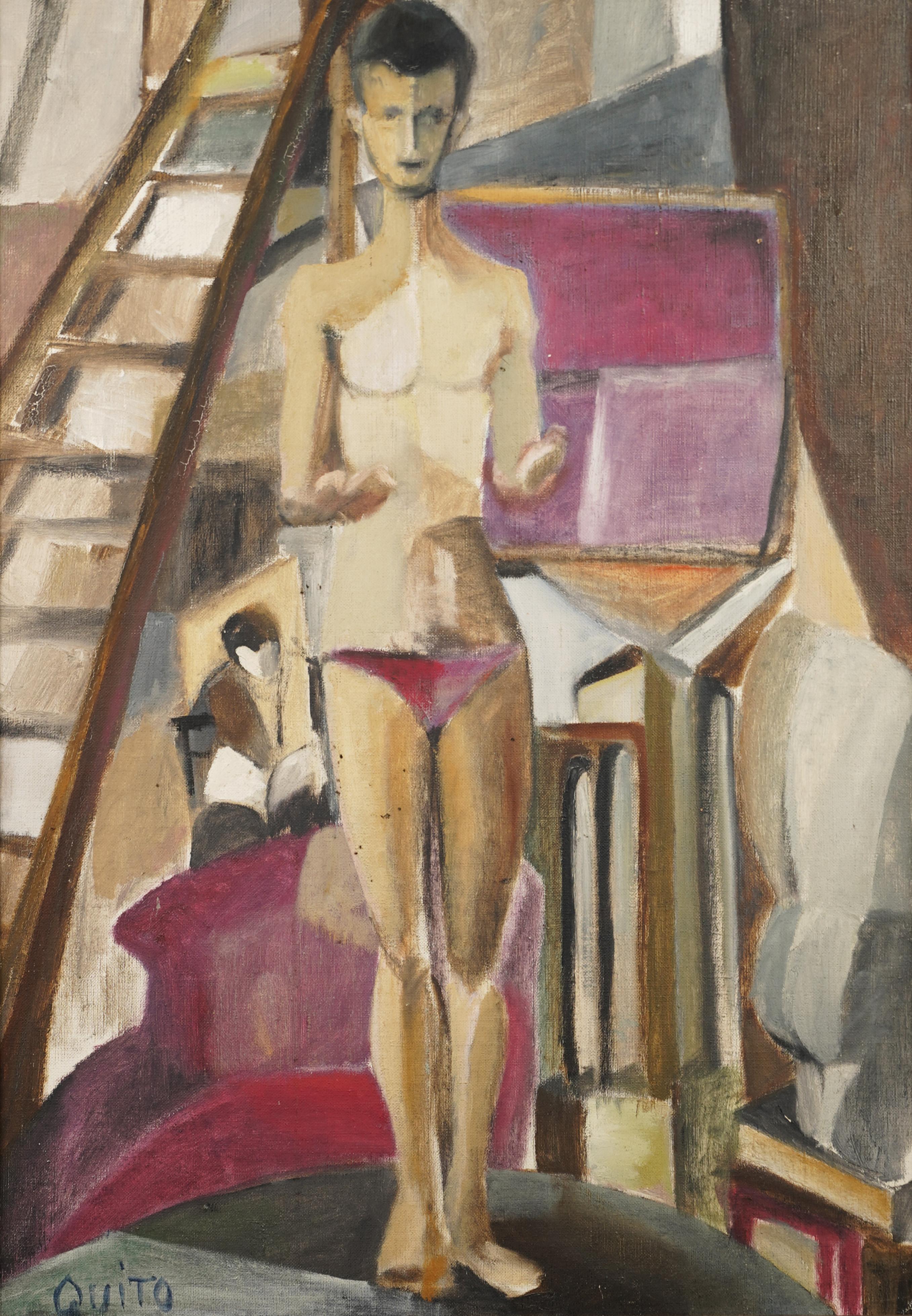 Vintage American Modernist Male Nude Artist Studio Portrait Signed Oil Painting 2