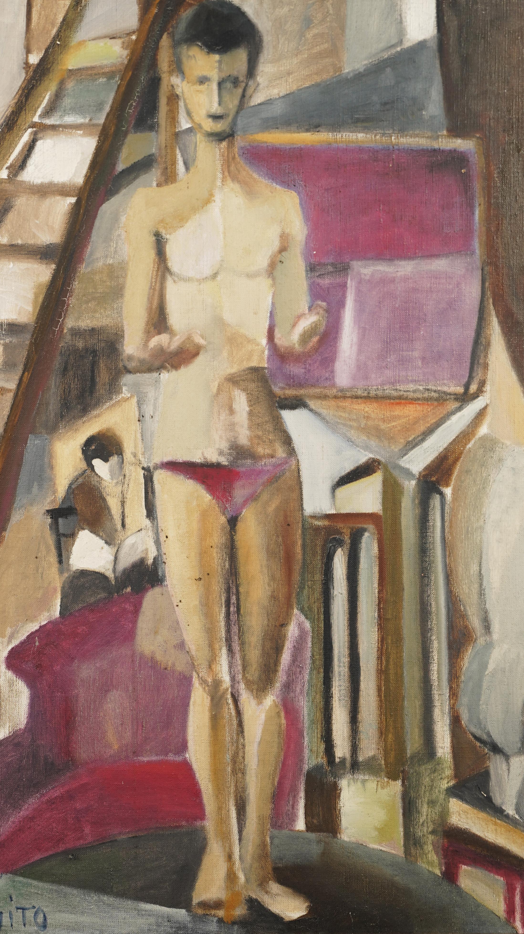 Vintage American Modernist Male Nude Artist Studio Portrait Signed Oil Painting 3