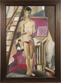 Vintage American Modernist Male Nude Artist Studio Portrait Signed Oil Painting