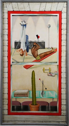 Vintage American Modernist Men Working Out California Interior Portrait Painting