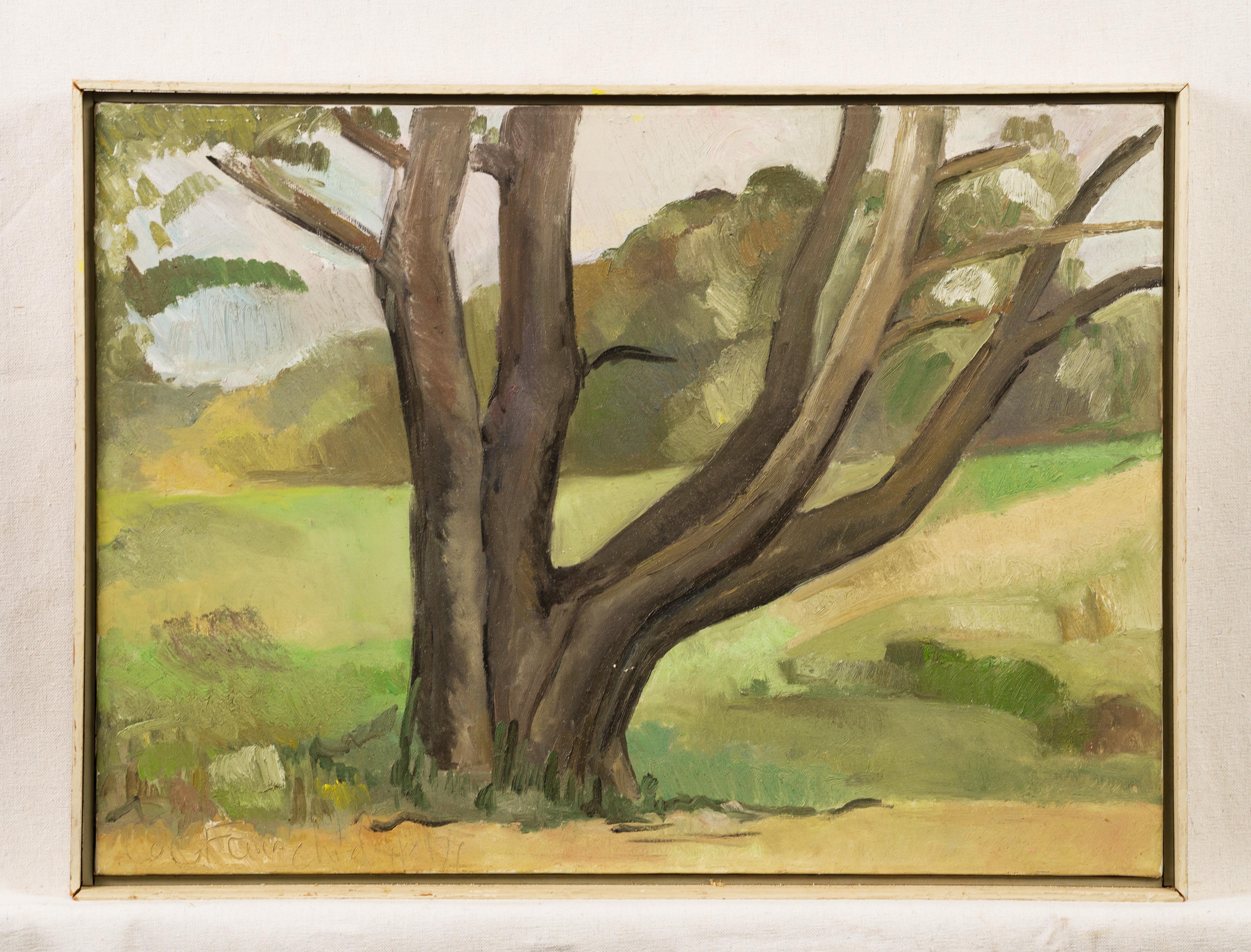 Vintage American Modernist Nature Scape Signed Summer Landscape Oil Painting For Sale 1