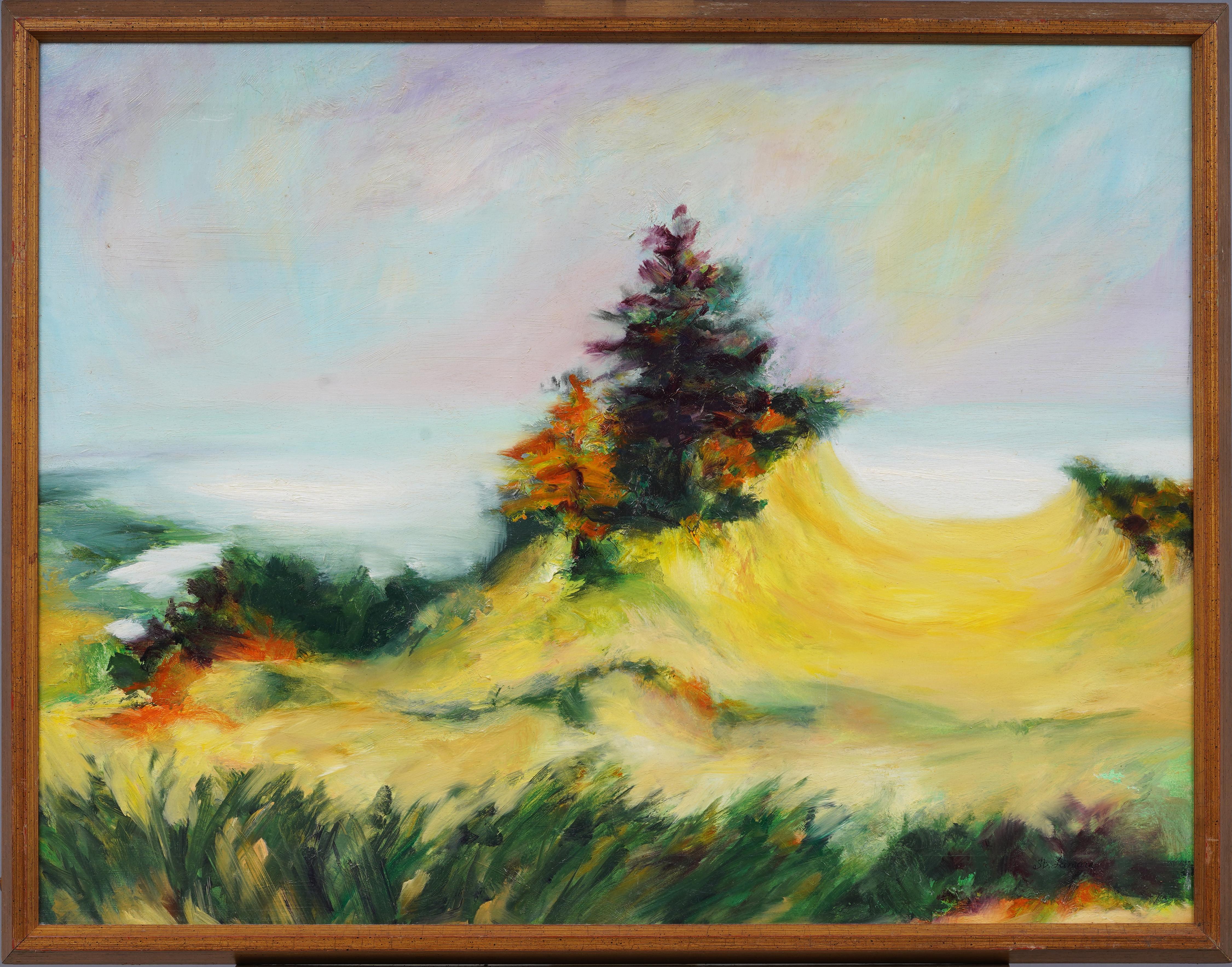 Unknown Landscape Painting - Vintage American Modernist New England Beach Dune Landscape Framed Oil Painting
