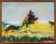 Vieille peinture à l'huile moderniste américaine de la Nouvelle-Angleterre, paysage de plage encadré
