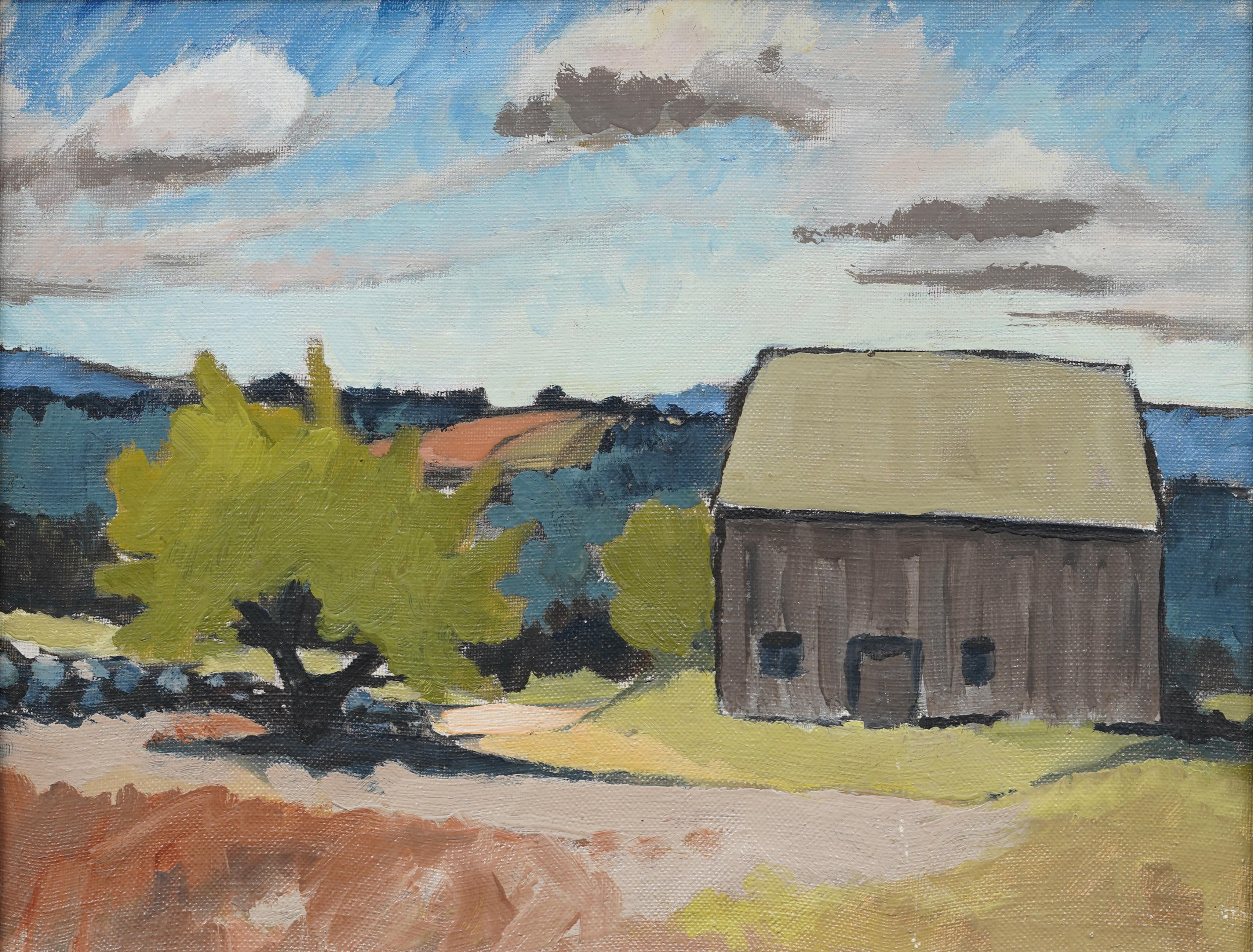 Vintage American modernist landscape oil painting. Oil on canvasboard. Framed. Measuring: 13 by 16 inches overall, and 10 by 13.5 painting alone.  In excellent original condition. Handsomely framed in a impressionist molding.  Excellent condition,