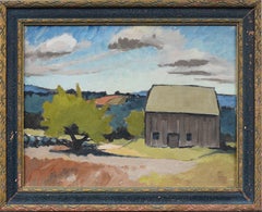 Vintage American Modernist New Hampshire Landscape Pintura al óleo enmarcada y firmada