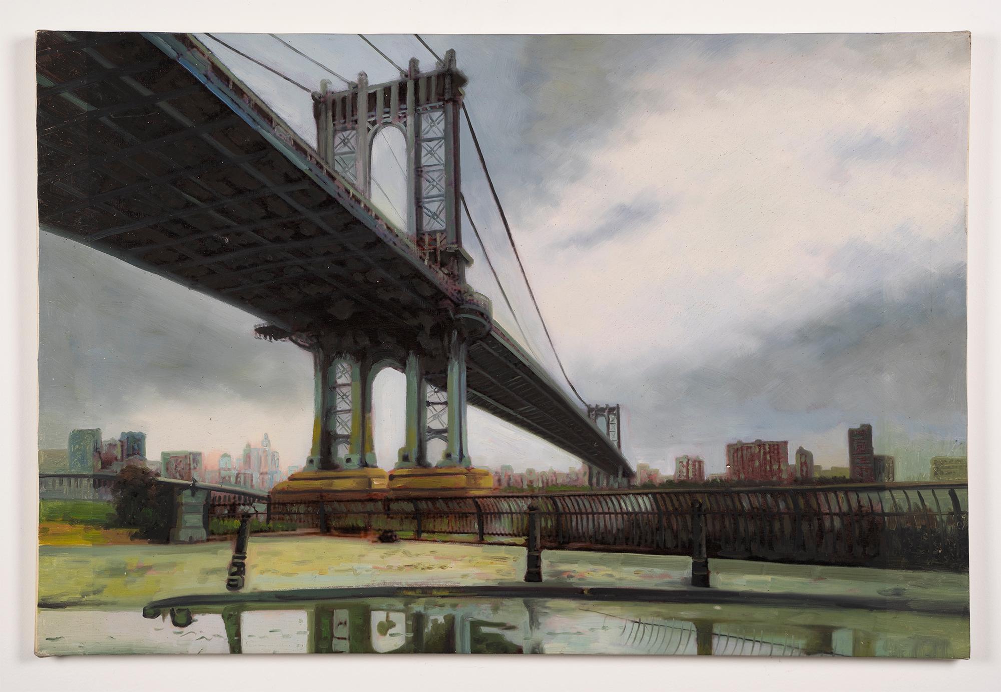 Vintage American Modernist New York City Williamsburg Bridge East River Painting - Gray Landscape Painting by Unknown