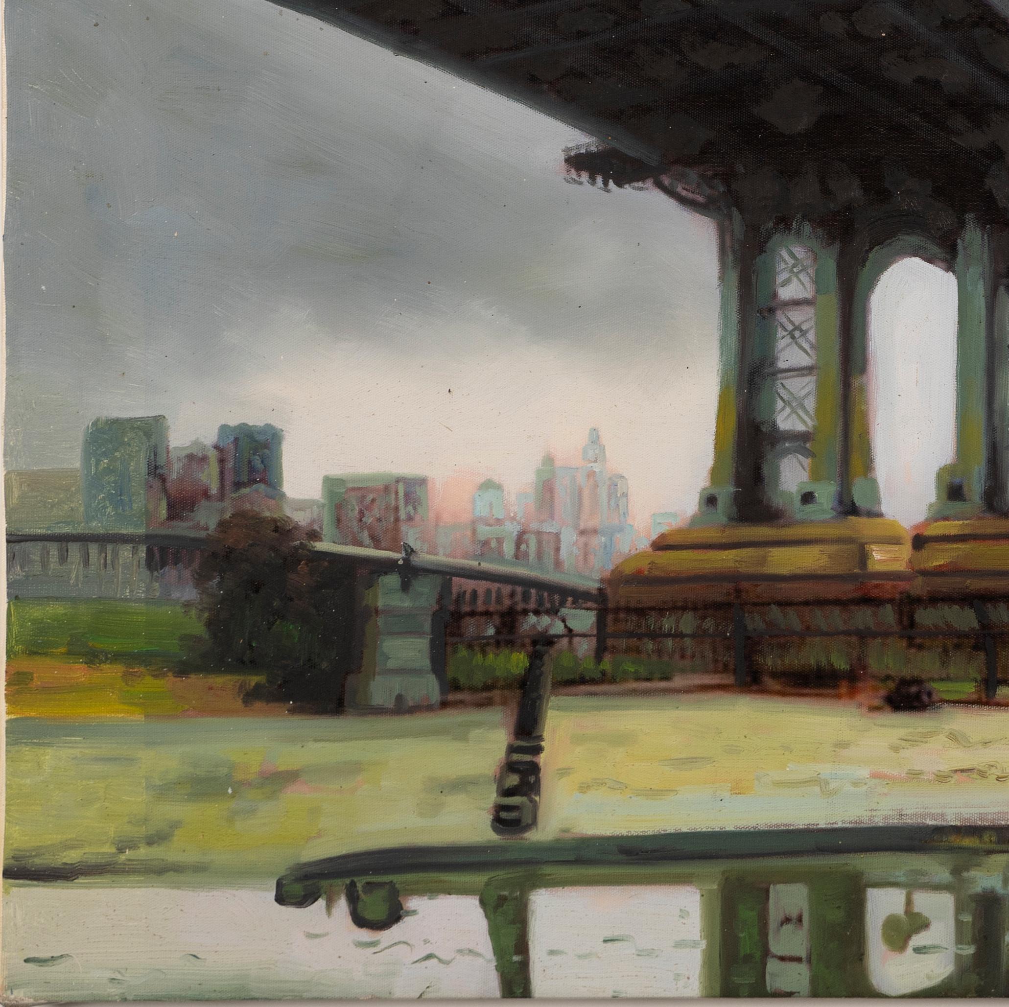 Vintage American Modernist New York City Williamsburg Bridge East River Painting 1