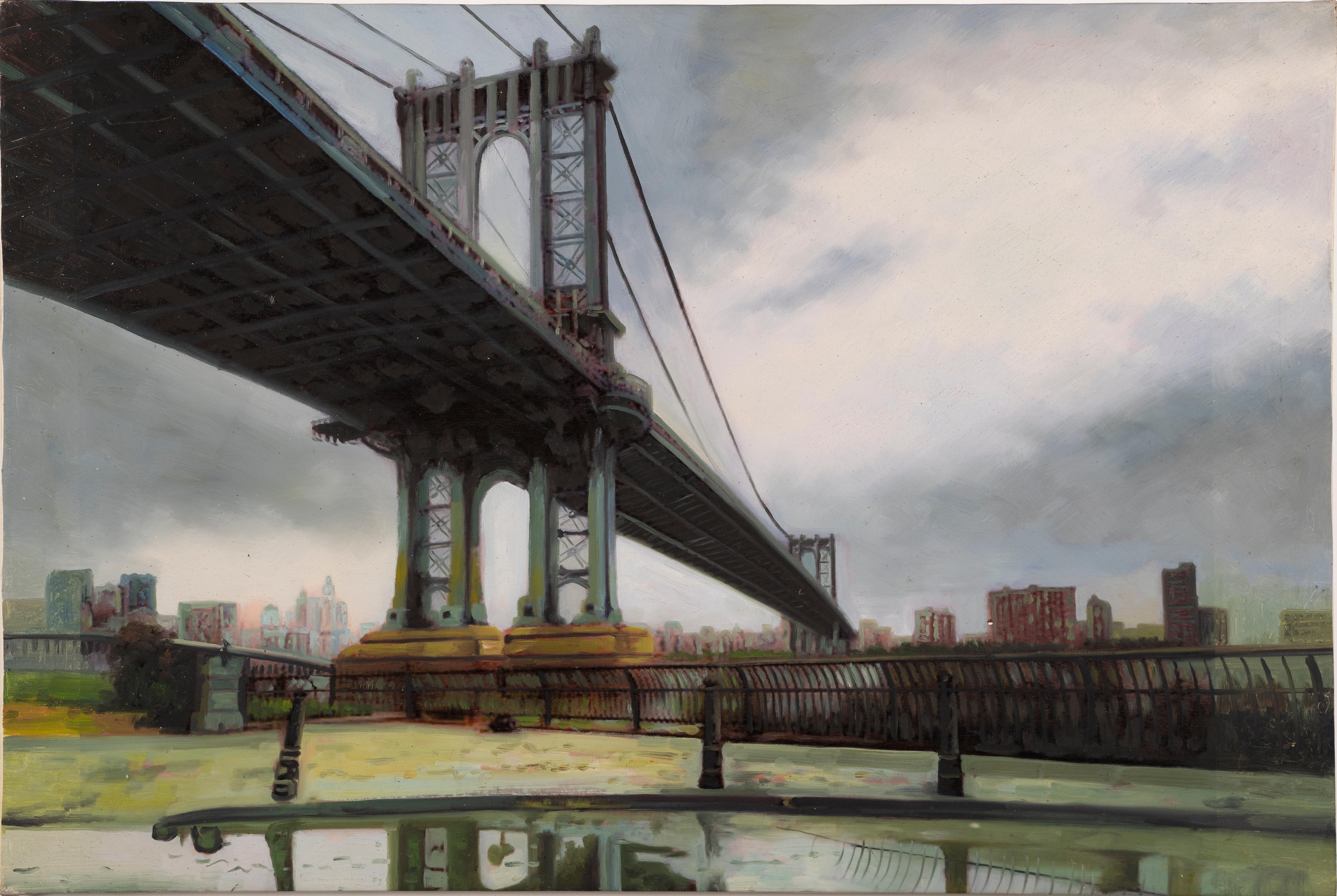 Unknown Landscape Painting - Vintage American Modernist New York City Williamsburg Bridge East River Painting