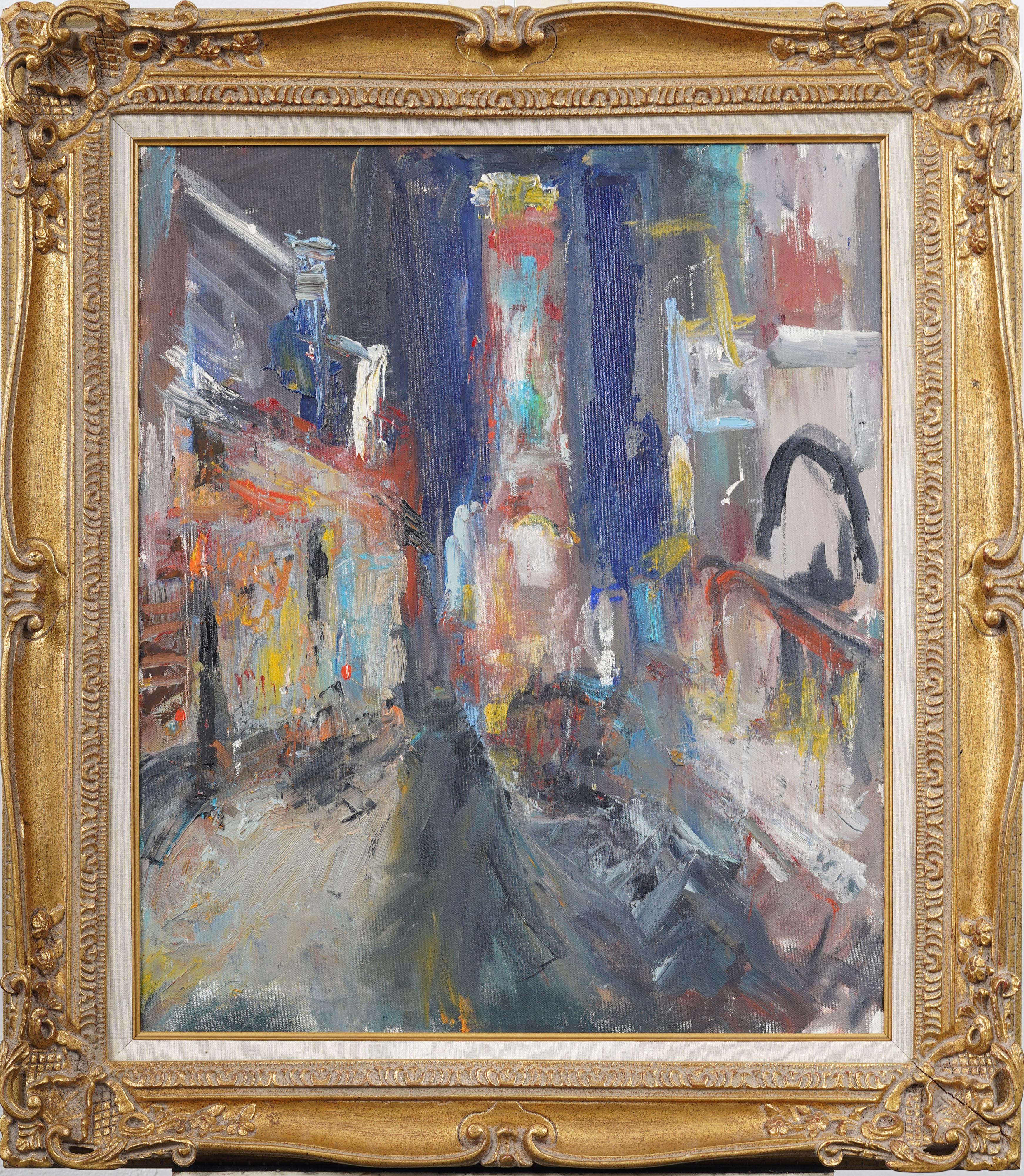 Vintage American Modernist New York Cityscape gerahmt Straßenszene Ölgemälde – Painting von Unknown