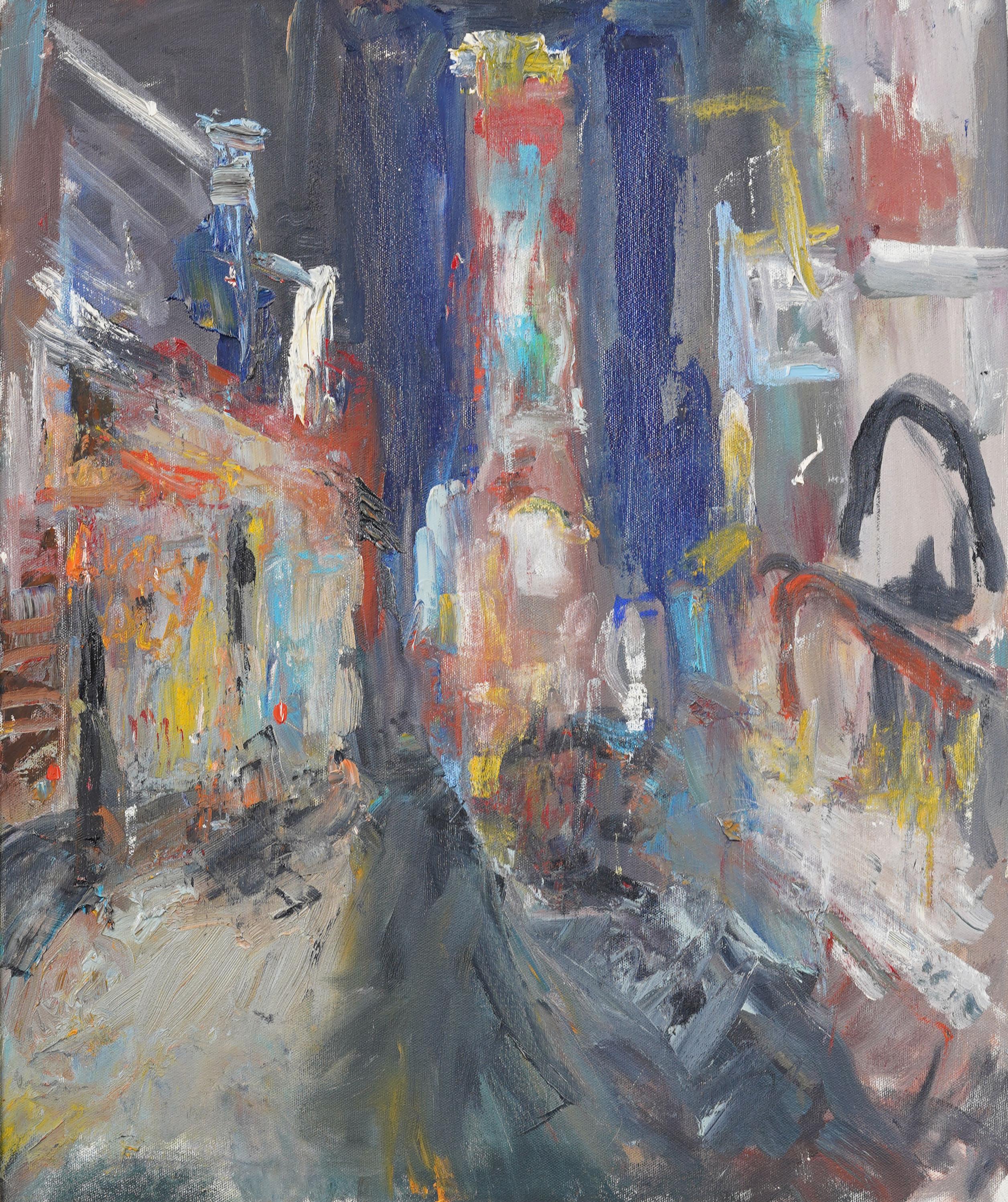Vintage American Modernist New York Cityscape gerahmt Straßenszene Ölgemälde (Moderne), Painting, von Unknown