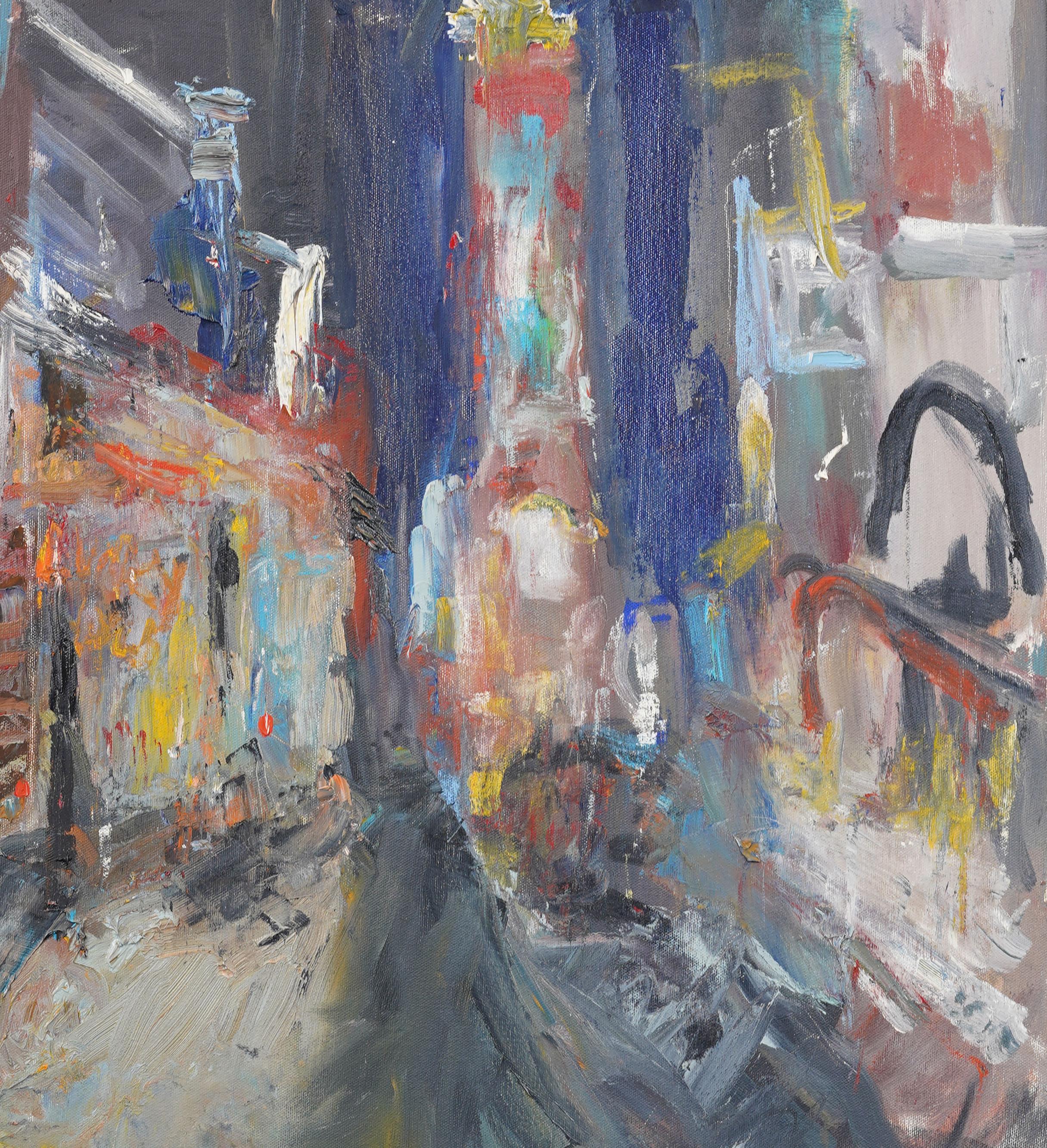 Vintage American Modernist New York Cityscape gerahmt Straßenszene Ölgemälde (Braun), Landscape Painting, von Unknown