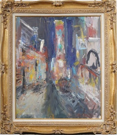 Vintage American Modernist New York Cityscape Framed Street Scene Oil Painting
