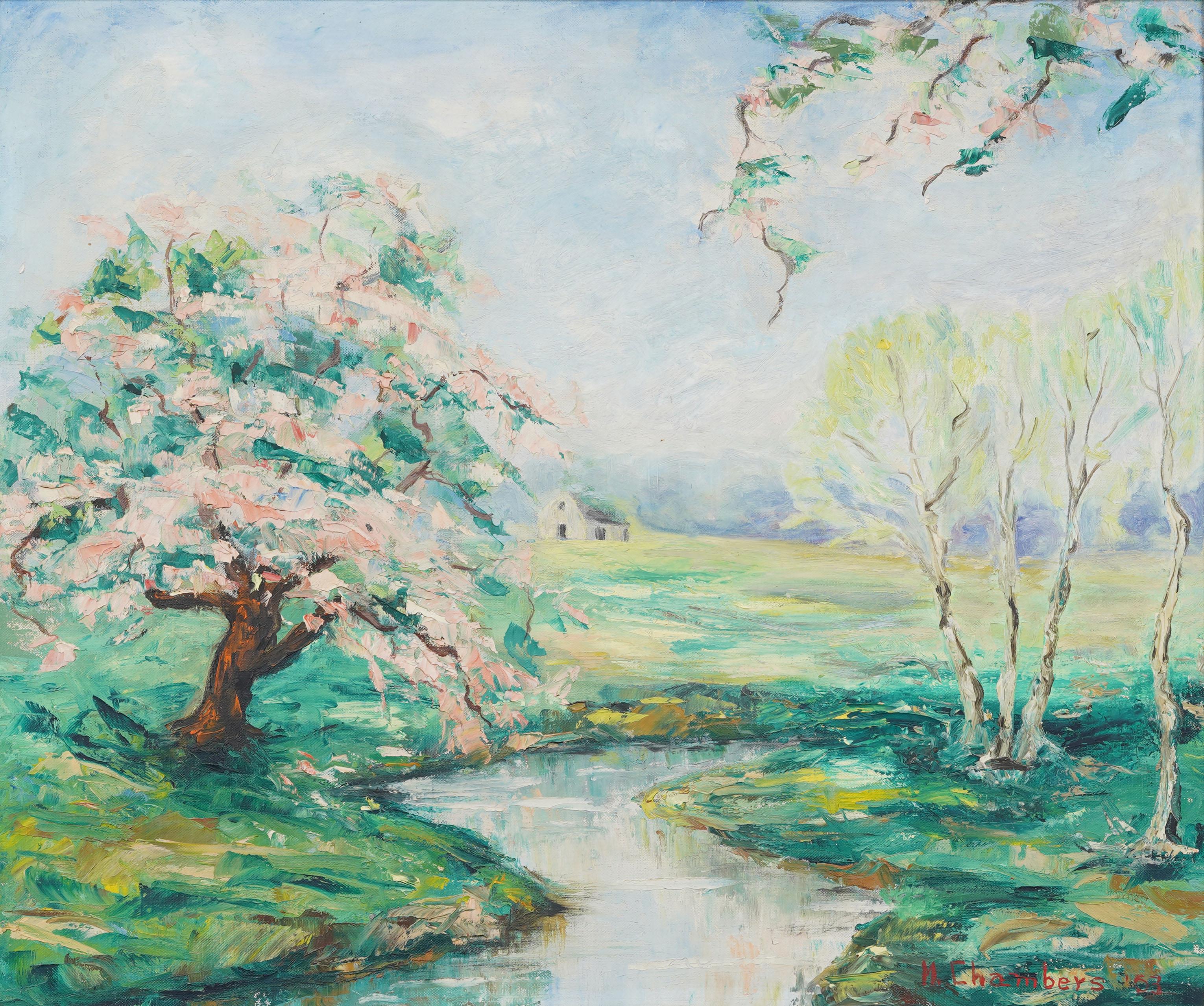 Vintage American Modernist schön gerahmt Blossom Landschaft signiert Ölgemälde (Moderne), Painting, von Unknown