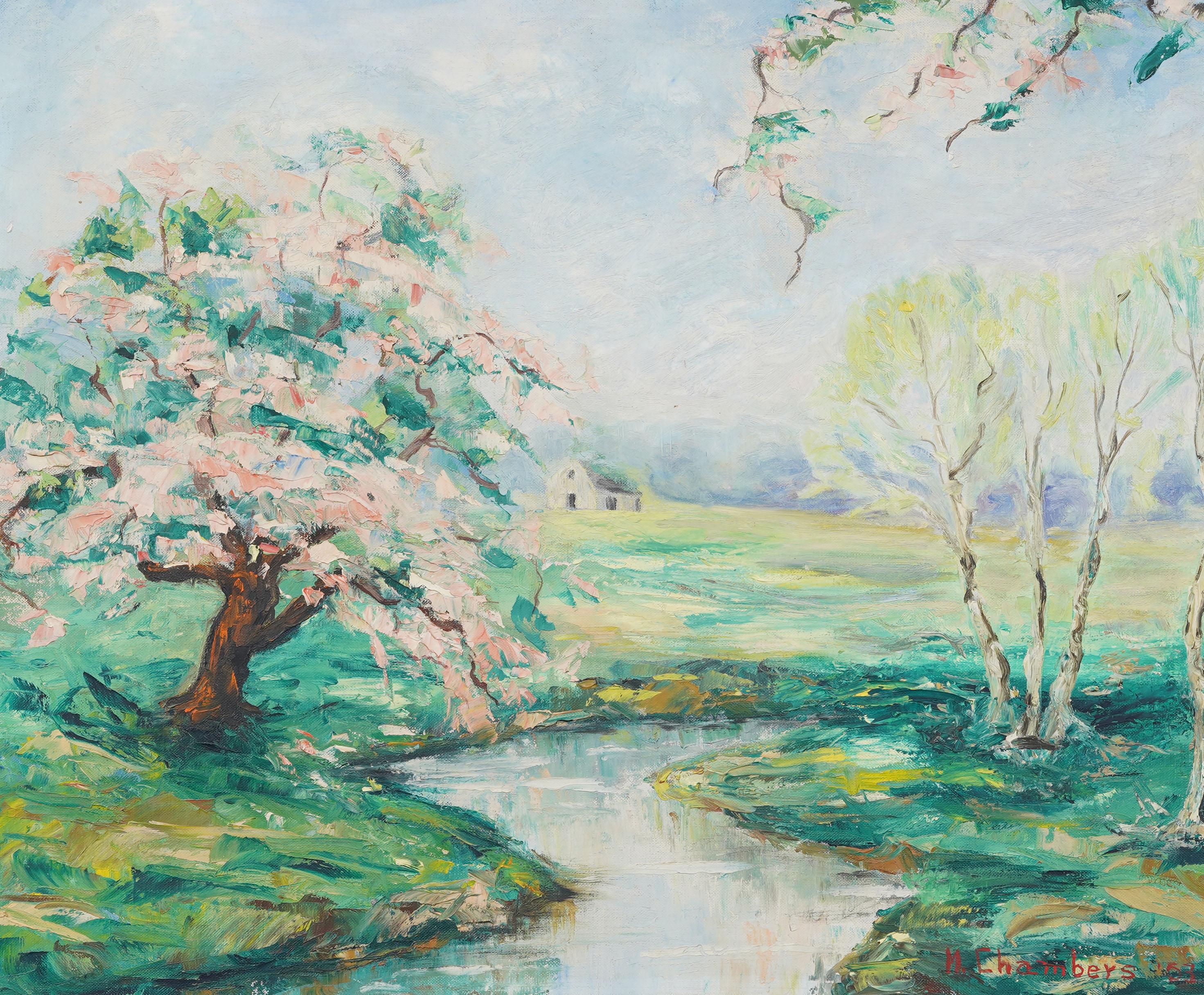 Vintage American Modernist schön gerahmt Blossom Landschaft signiert Ölgemälde (Grau), Abstract Painting, von Unknown