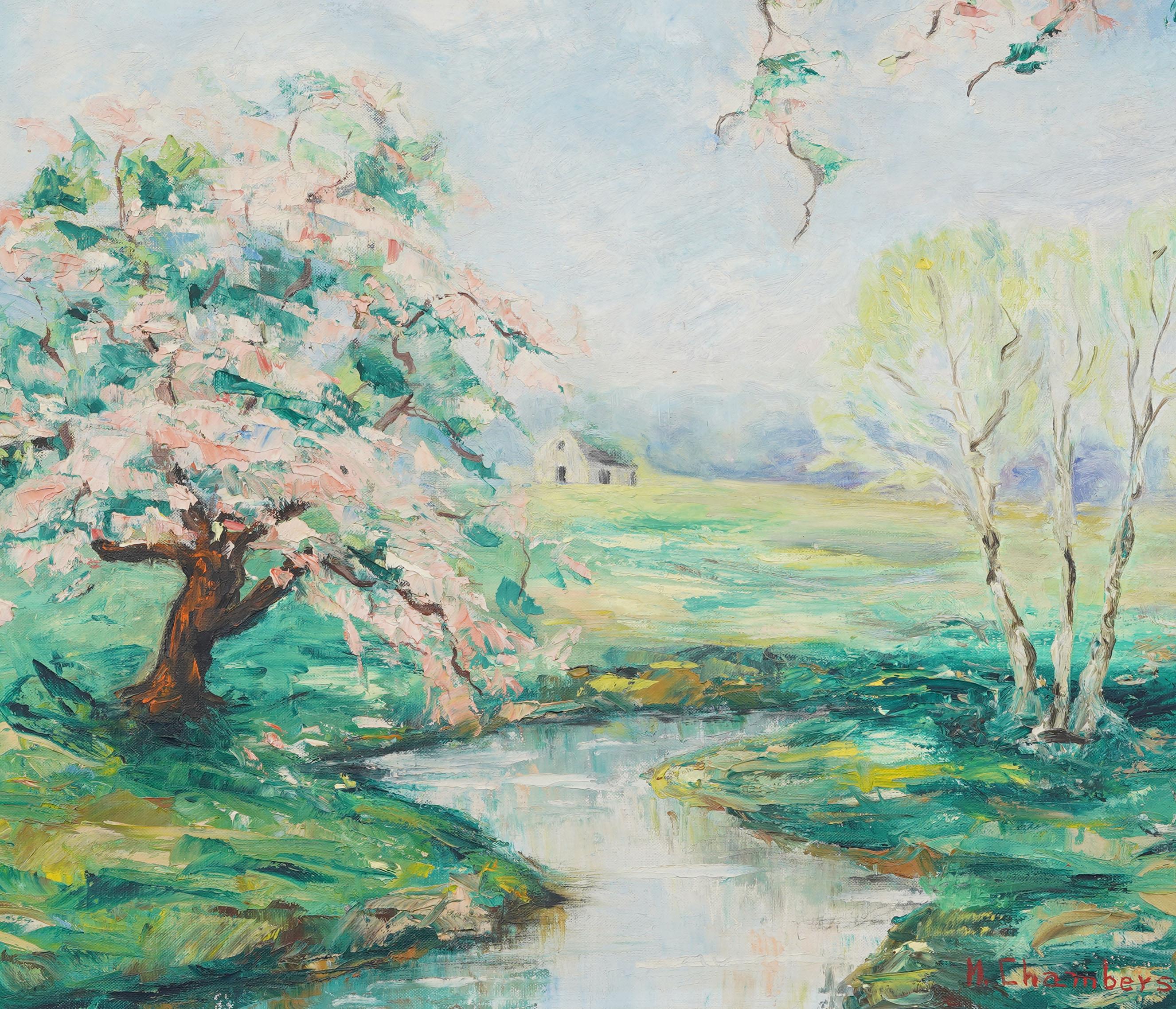 Vintage American modernist Landschaft Ölgemälde. Öl auf Leinwand. Unterschrieben. Gerahmt. Messen: 27 von 30 Zoll insgesamt, und 20 von 24 Malerei allein.  In ausgezeichnetem Originalzustand. Hübsch gerahmt in einer impressionistischen Leiste. 