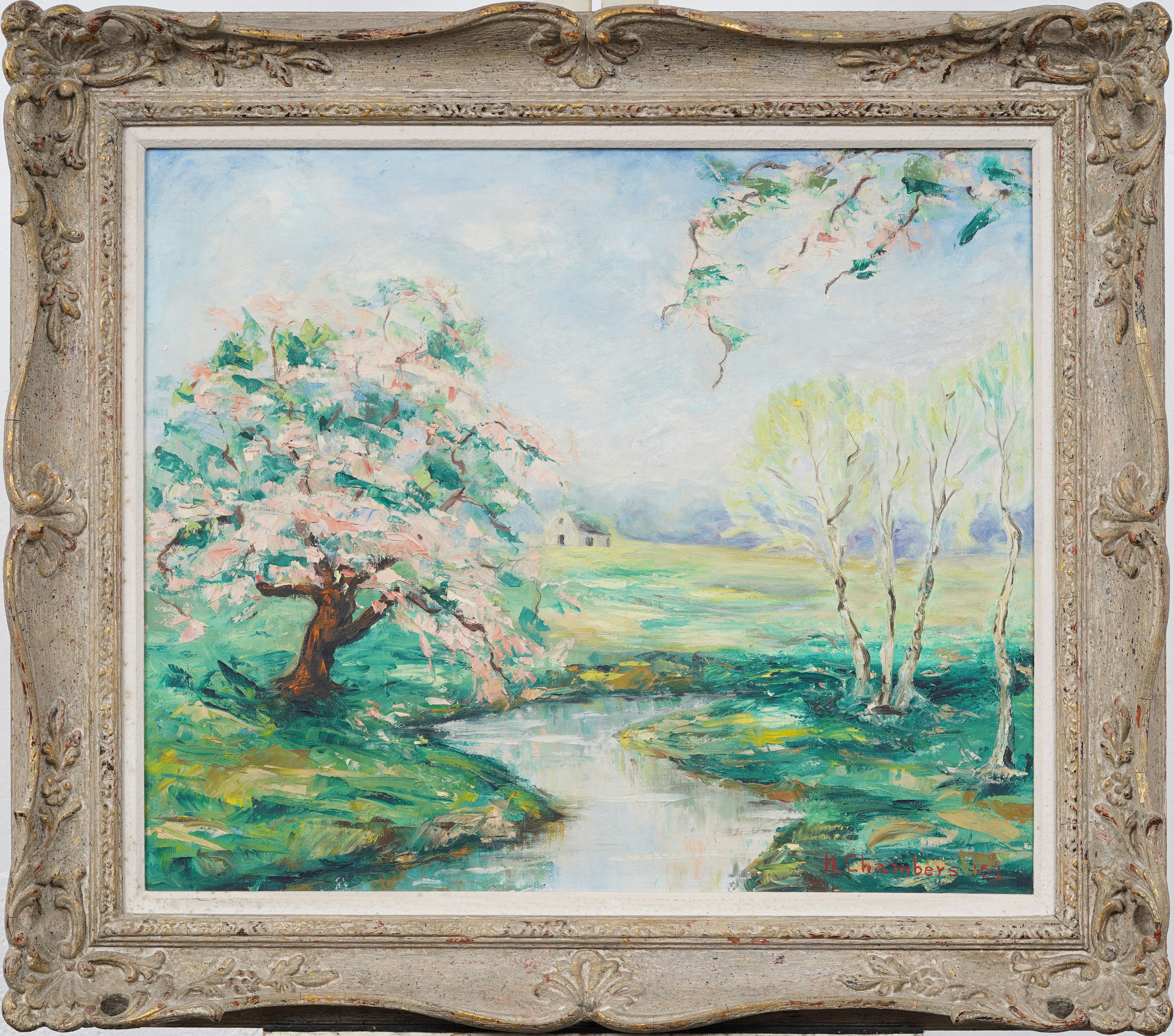 Vintage American Modernist schön gerahmt Blossom Landschaft signiert Ölgemälde