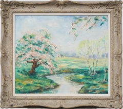 Vintage American Modernist Paisaje en flor bien enmarcado Pintura al óleo firmada