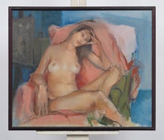 Vintage American Modernist Nude Woman Interior Scene Framed Oil Painting