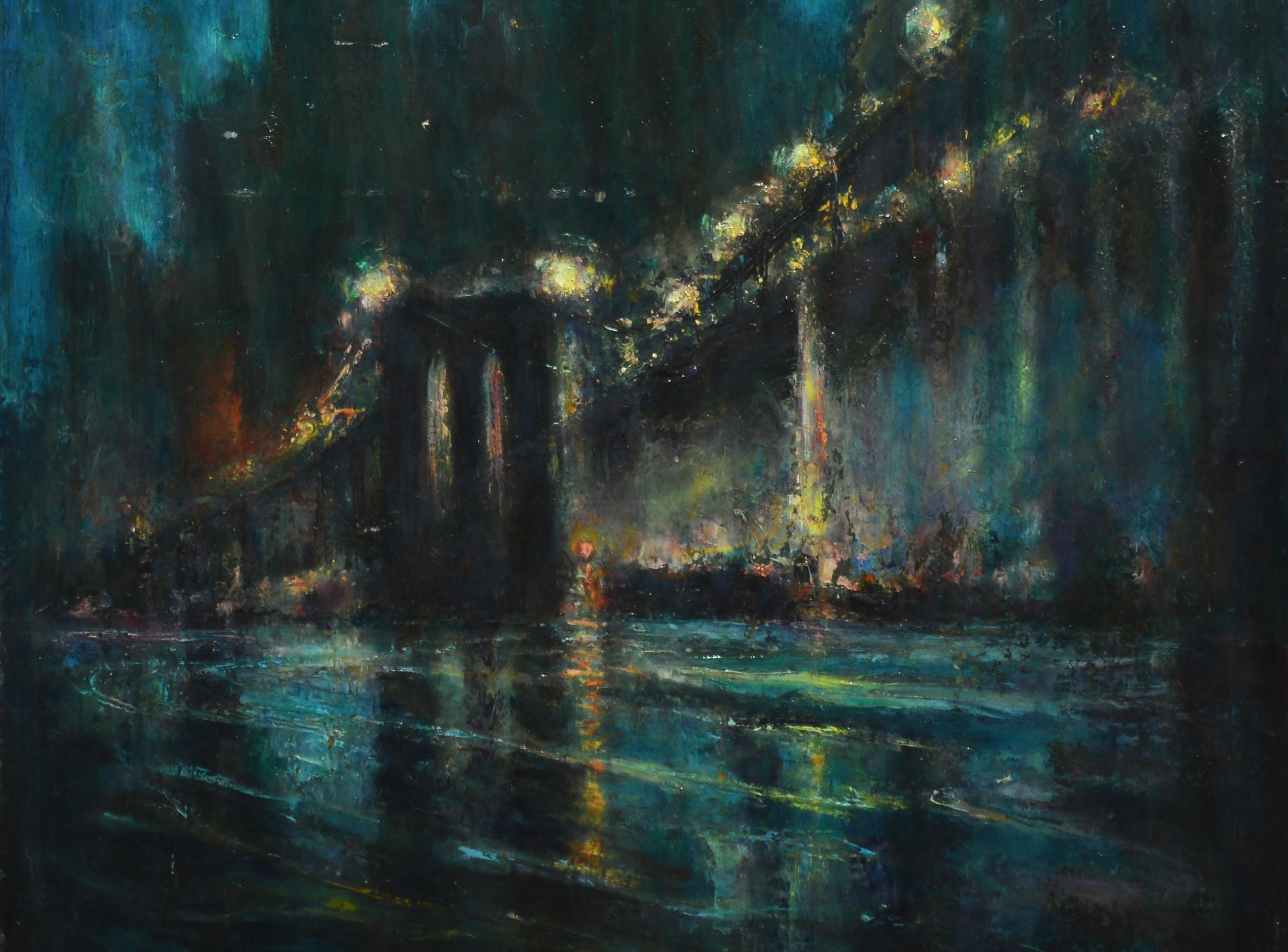 bridge at night painting