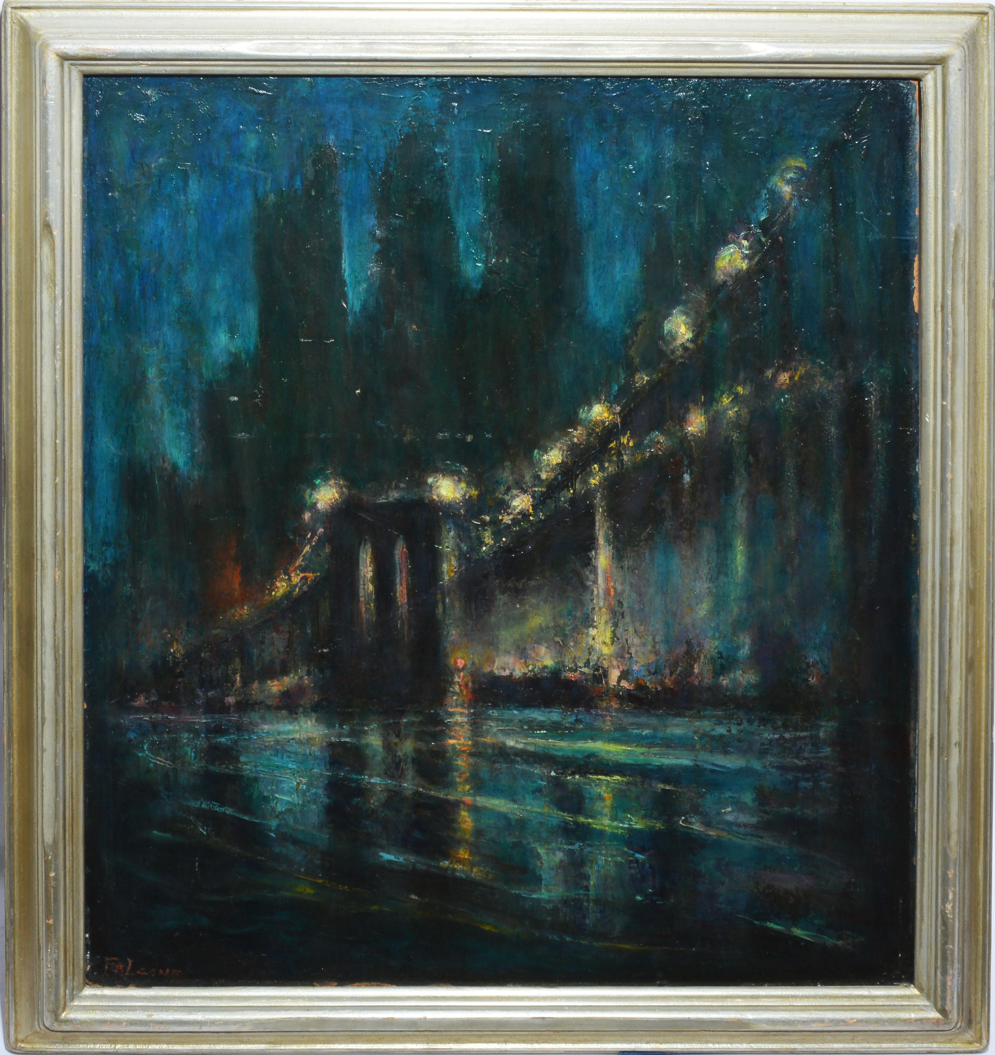 Unknown Abstract Painting - Vintage American Modernist Oil Painting, "Brooklyn Bridge at Night" by Falcone