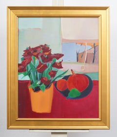 Vintage American Modernist Pomegranate and Poinsettia Still Life