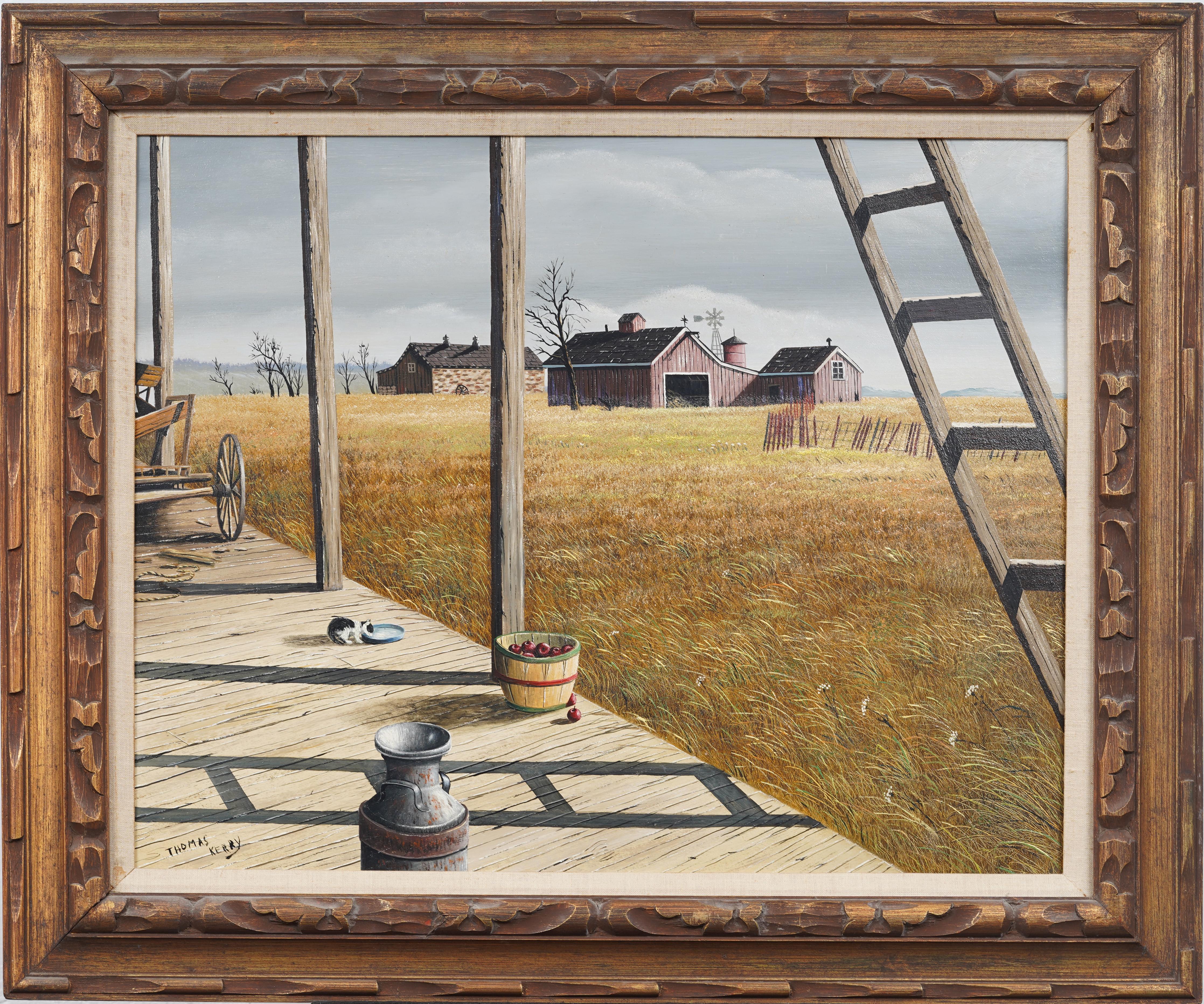 Vintage American Modernist Rural Barn Scene Farming Bucolic Landscape Painting (Paesaggio rurale e agricolo) in vendita 1