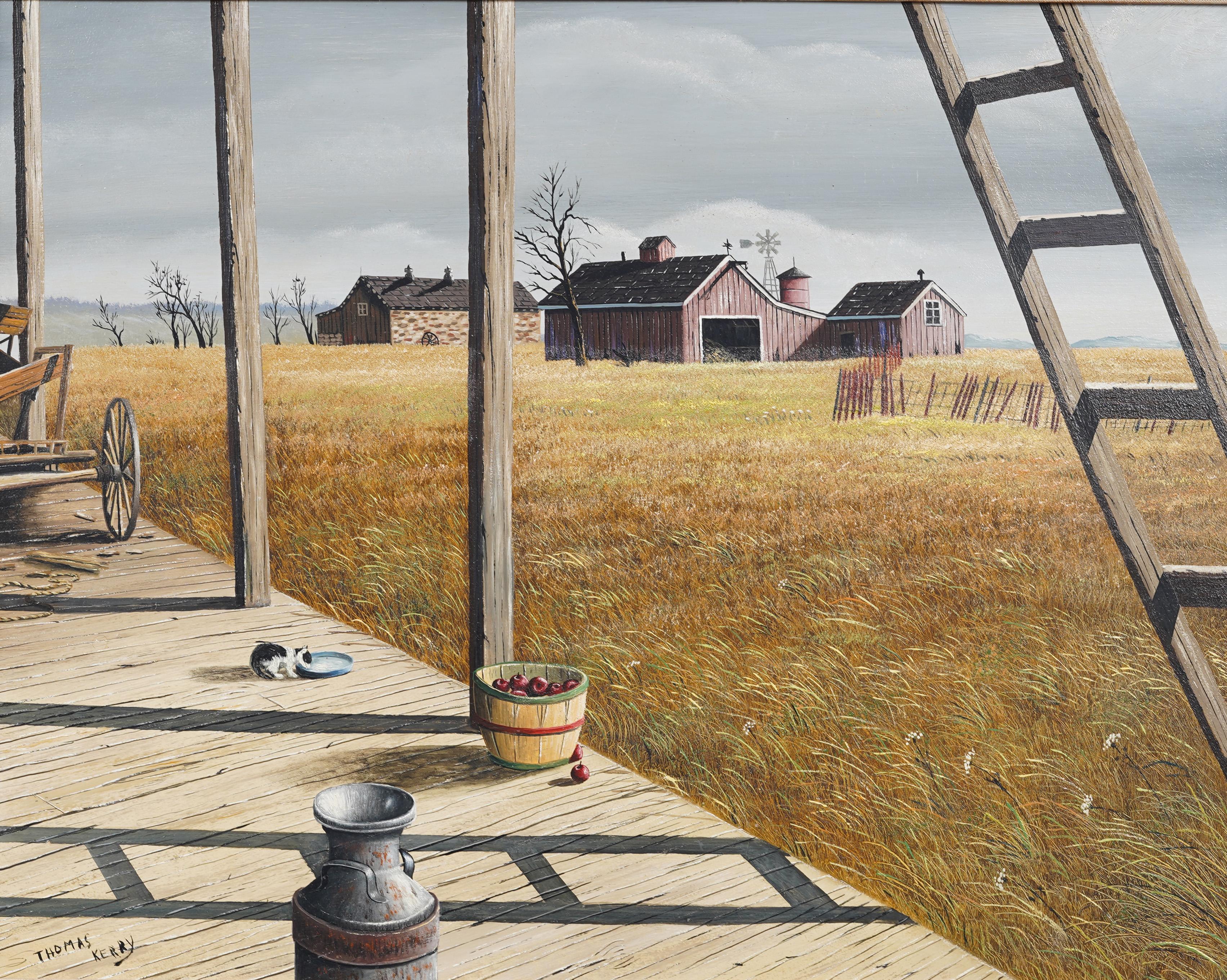 Vintage American Modernist Rural Barn Scene Farming Bucolic Landscape Painting (Paesaggio rurale e agricolo) in vendita 2
