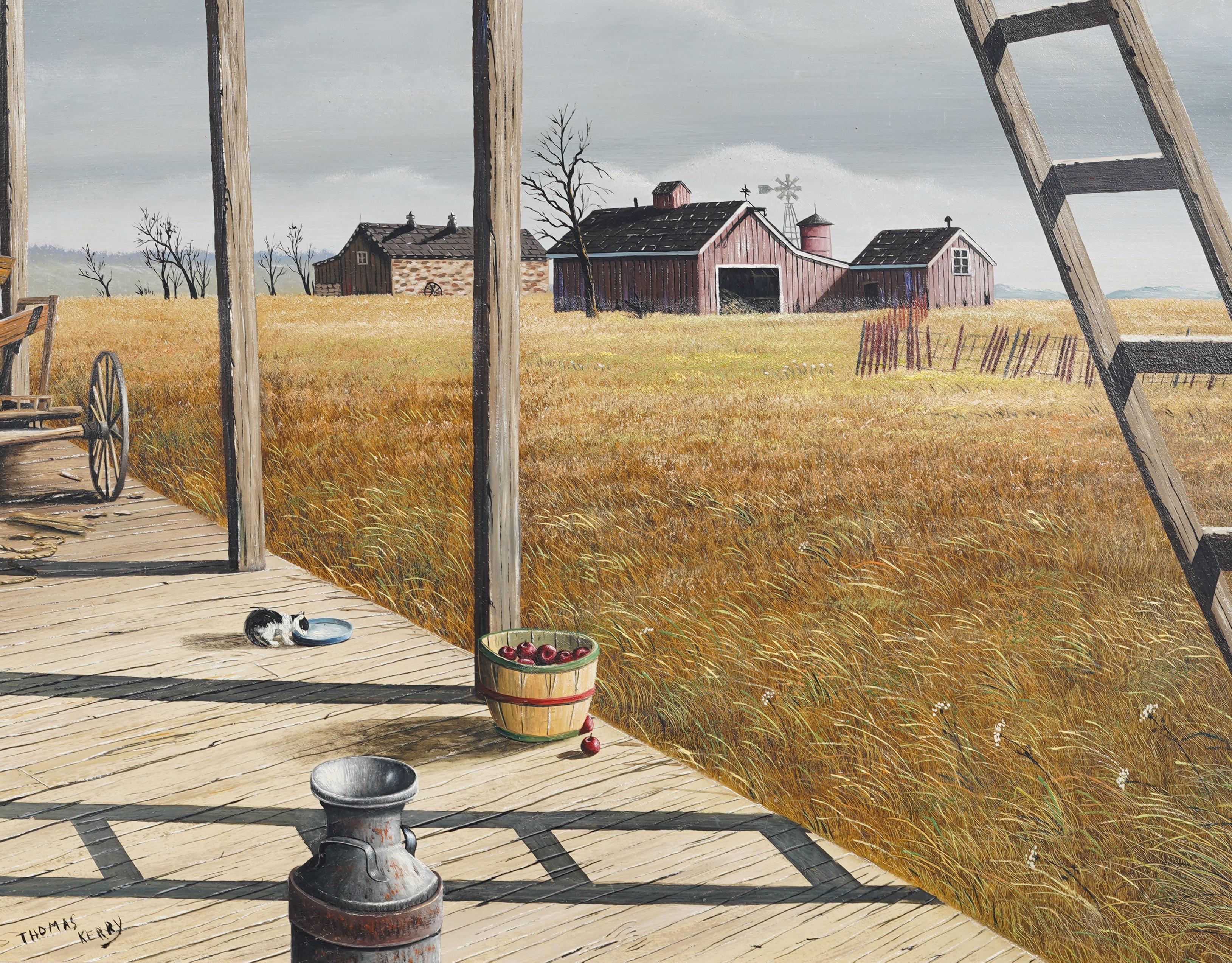 Vintage American Modernist Rural Barn Scene Farming Bucolic Landscape Painting (Paesaggio rurale e agricolo) in vendita 3