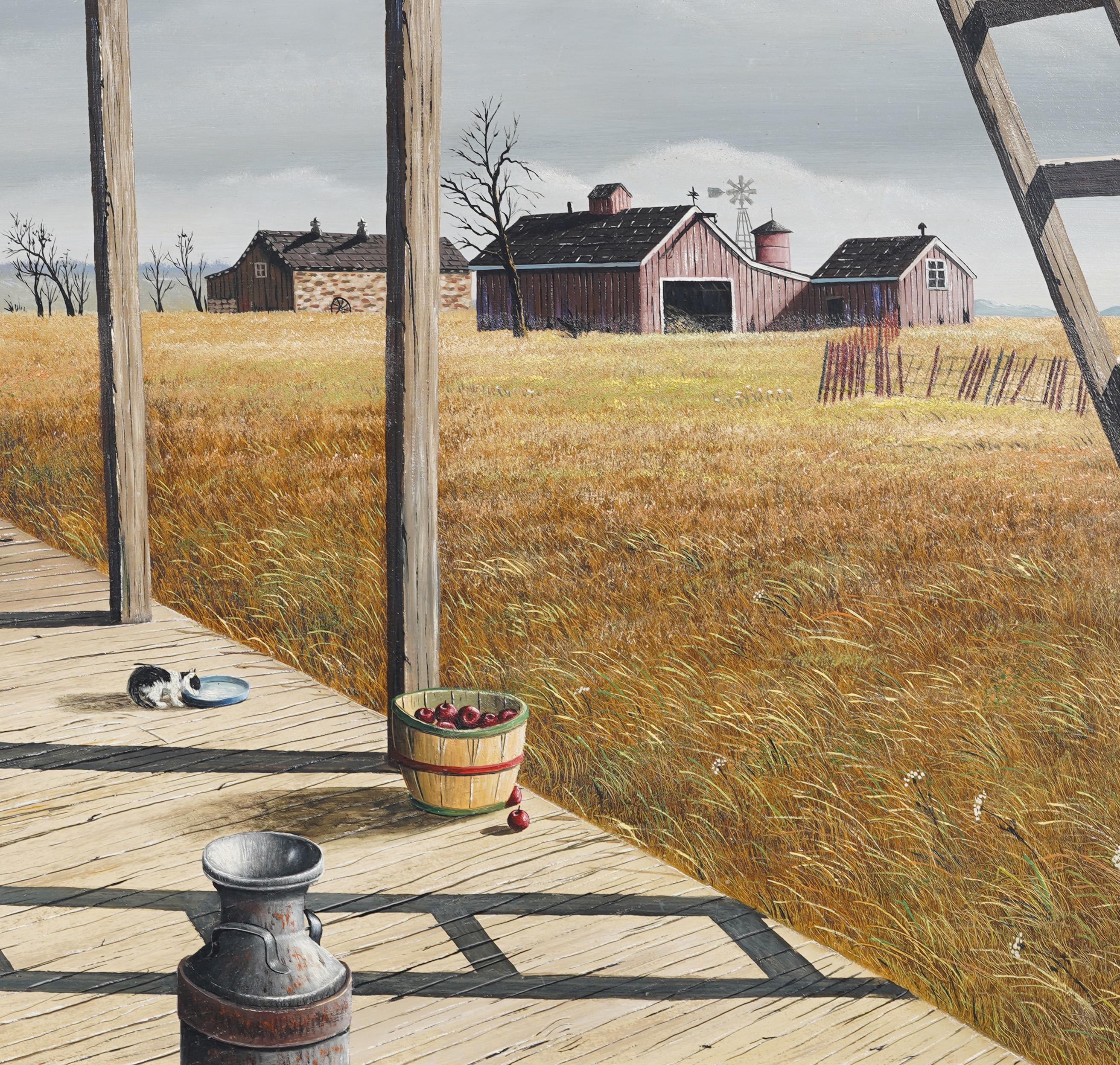Vintage American Modernist Rural Barn Scene Farming Bucolic Landscape Painting (Paesaggio rurale e agricolo) in vendita 5