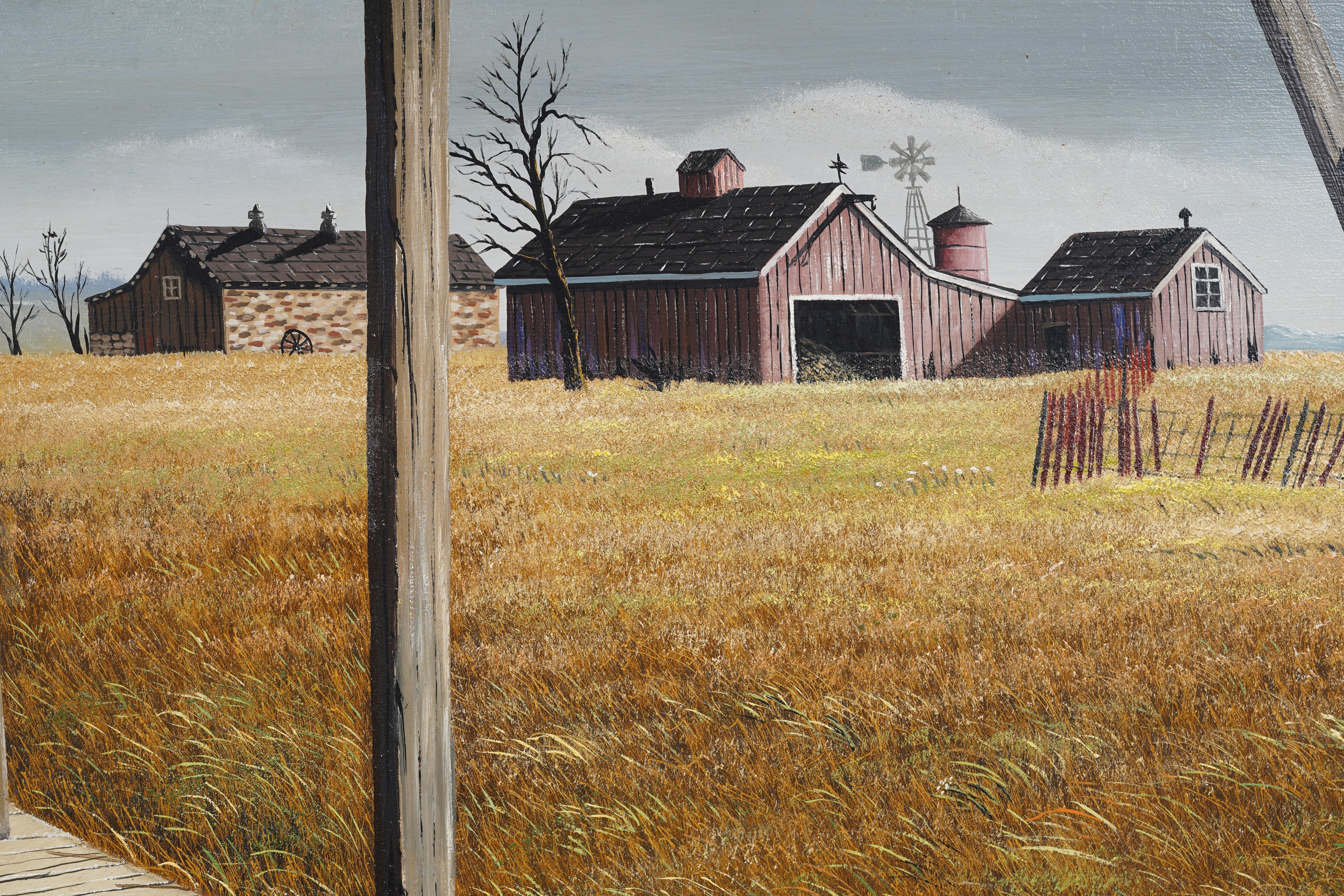 Vintage American Modernist Rural Barn Scene Farming Bucolic Landscape Painting (Paesaggio rurale e agricolo) in vendita 6