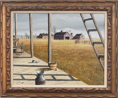 Vintage American Modernist Rural Barn Scene Farming Bucolic Landscape Painting (Paesaggio rurale e agricolo)